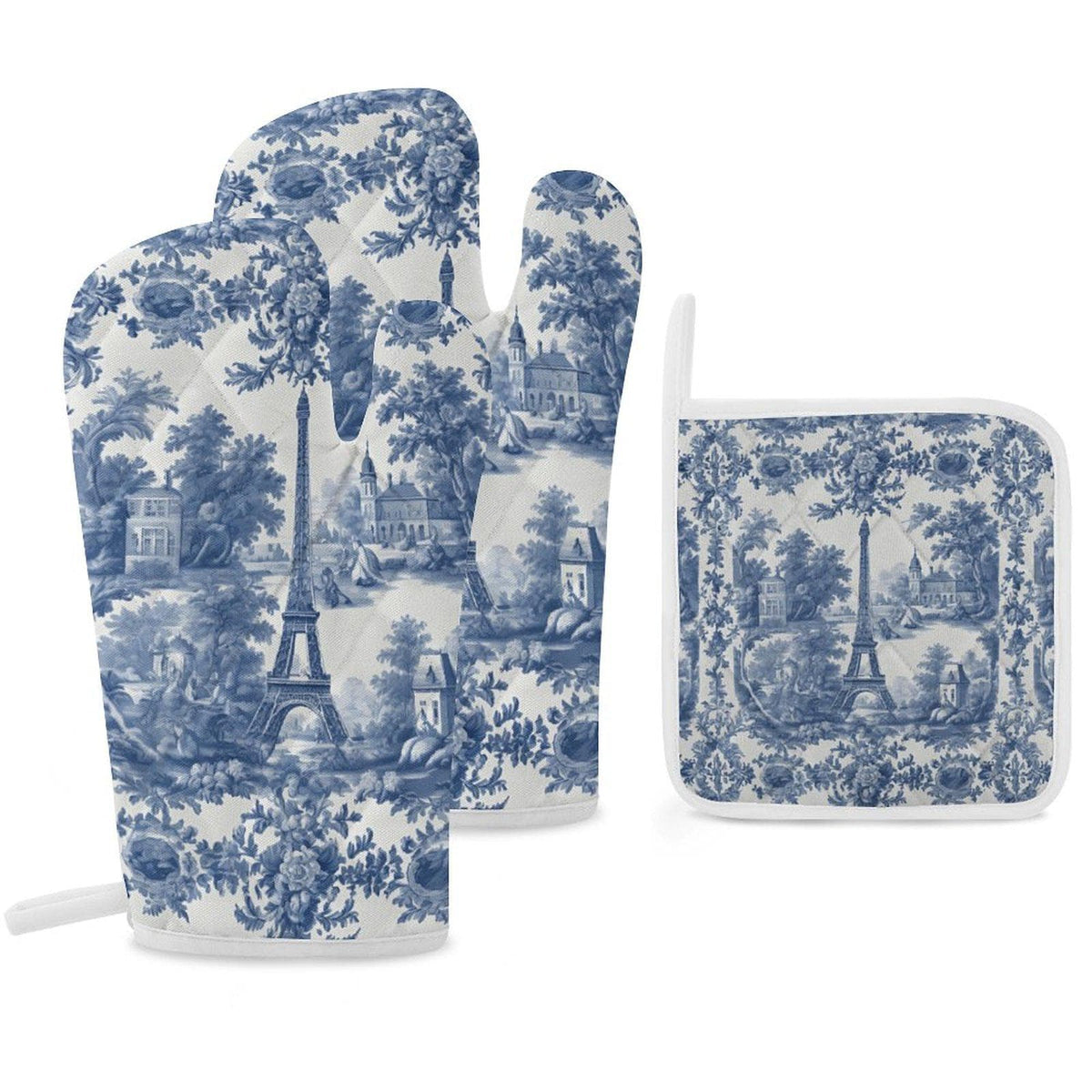 French Kitchen Baking Gift Toile Oven Mitts & Pot Holder Set Blue White Decor Thick Oven Mitt Farmhouse Kitchen Decor Wedding Shower Gift