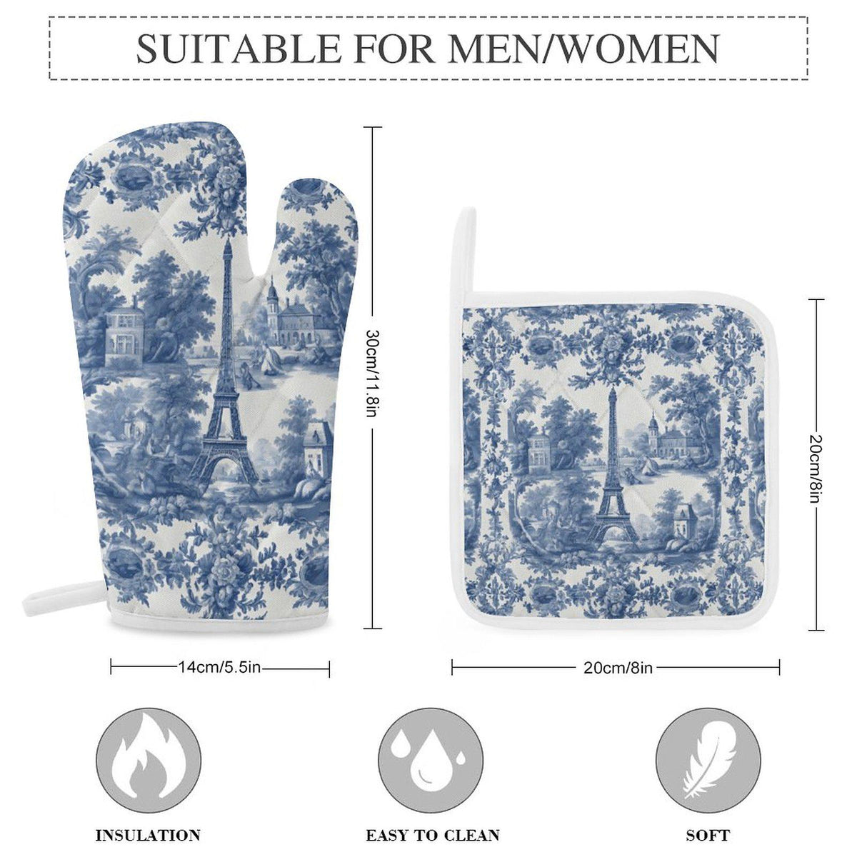 French Kitchen Baking Gift Toile Oven Mitts & Pot Holder Set Blue White Decor Thick Oven Mitt Farmhouse Kitchen Decor Wedding Shower Gift