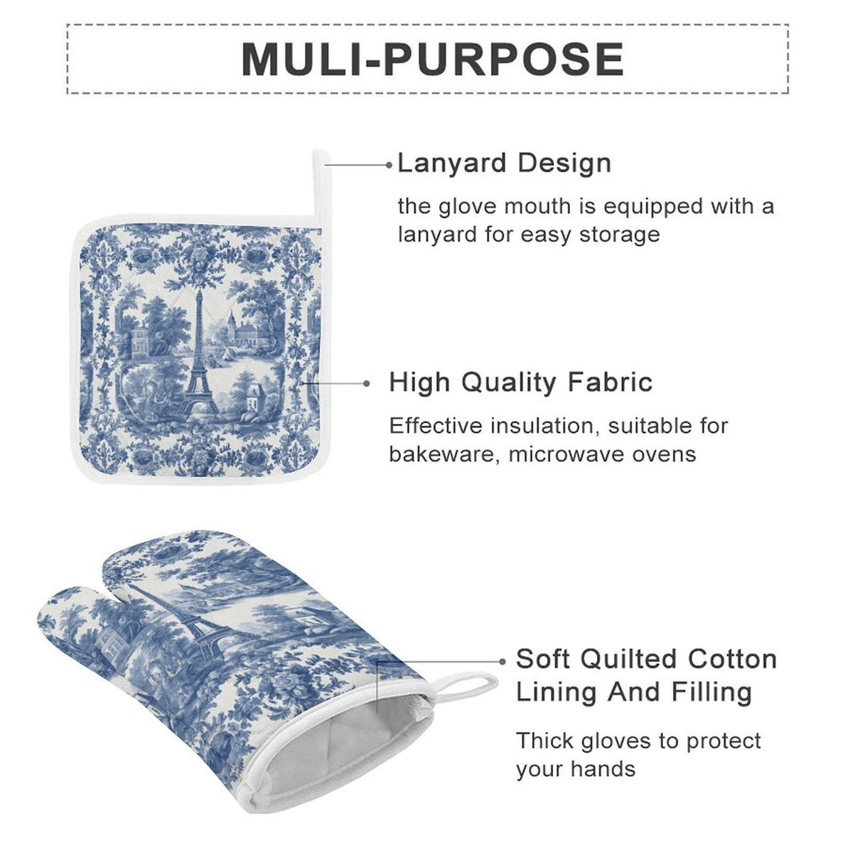 French Kitchen Baking Gift Toile Oven Mitts & Pot Holder Set Blue White Decor Thick Oven Mitt Farmhouse Kitchen Decor Wedding Shower Gift