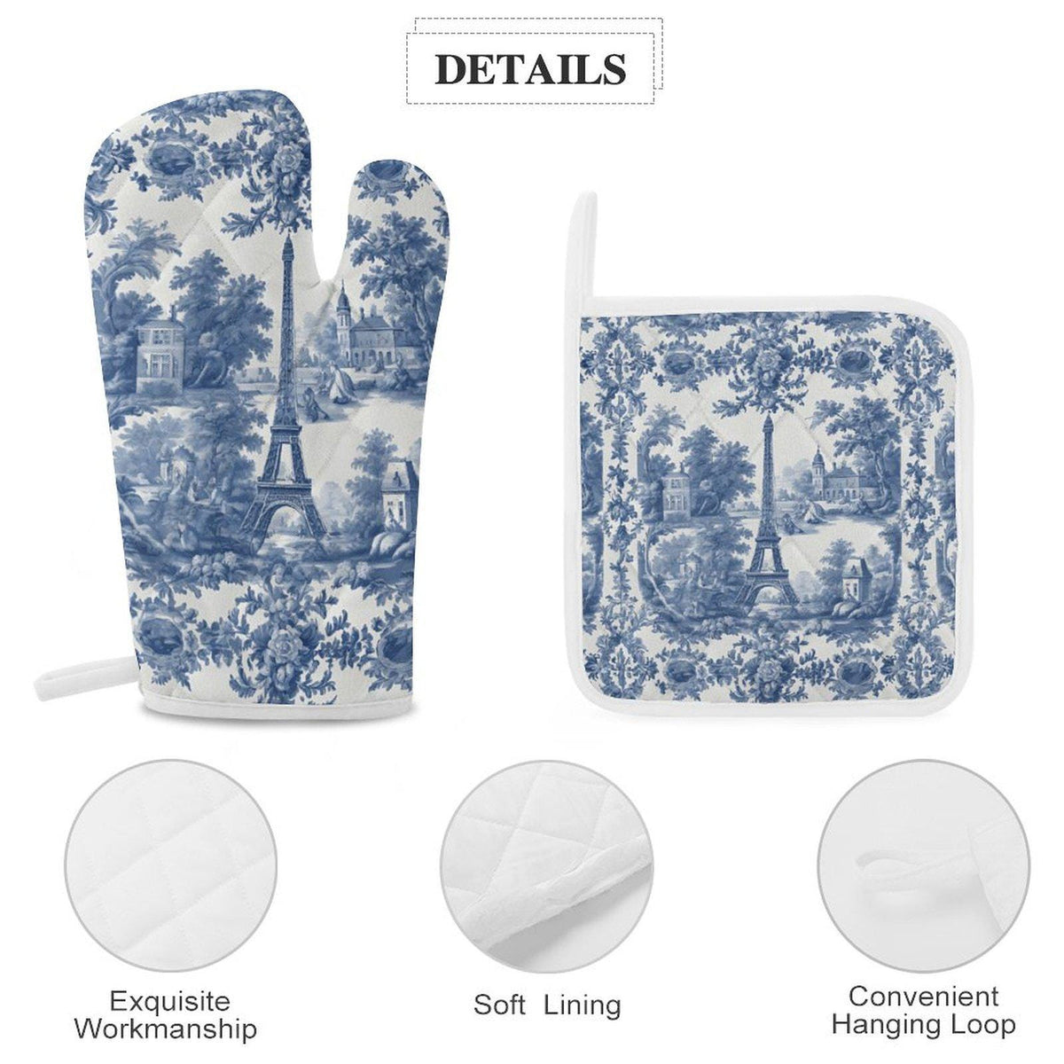 French Kitchen Baking Gift Toile Oven Mitts & Pot Holder Set Blue White Decor Thick Oven Mitt Farmhouse Kitchen Decor Wedding Shower Gift