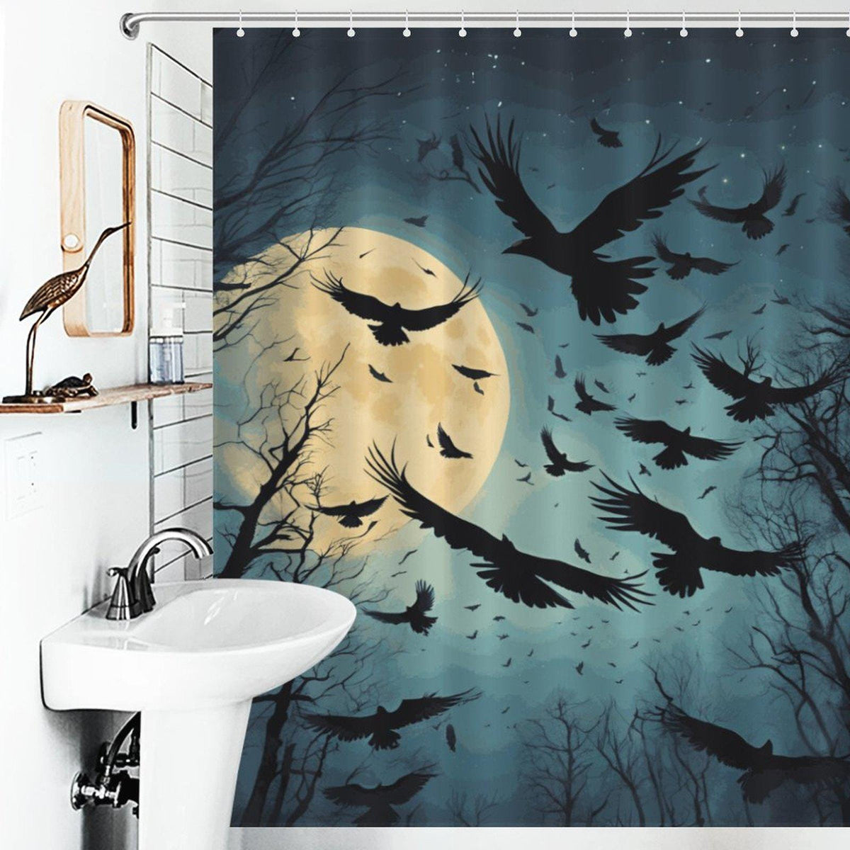 Midnight Moon Crow Shower Curtain