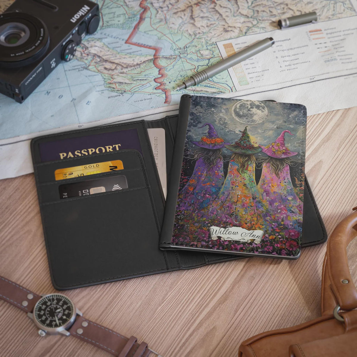 Gift Idea for Witchy Traveler Birthday Graduation Retirement Passport Cover: Black Cat Boho Witches Travel Accessory for Sister in Law Gift