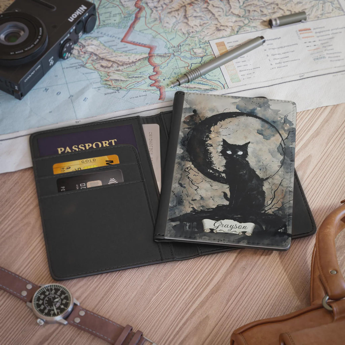 Gift Idea for Witchy Traveler Birthday Graduation Retirement Passport Cover: Black Cat Boho Witches Travel Accessory for Sister in Law Gift