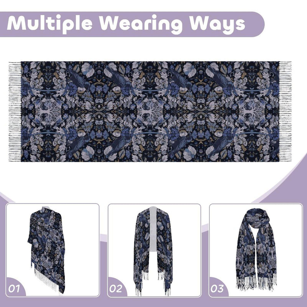 Whimsigoth Clothing Winter Scarf William Morris Inspired Crow Tassel Scarf Gothic Shawl Wrap Tree of Life Raven Wrap Witchy Murder of Crows