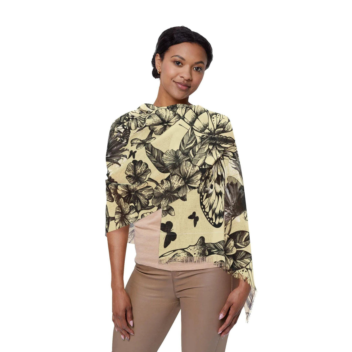 Crows in Flight Lightweight Scarf, Butterflies and Raven Floral Print Wrap