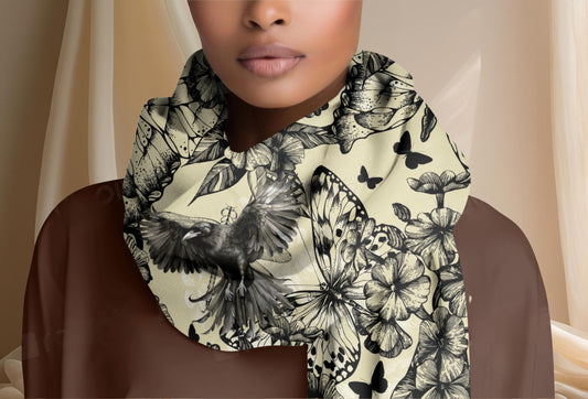 Crows in Flight Lightweight Scarf, Butterflies and Raven Floral Print Wrap