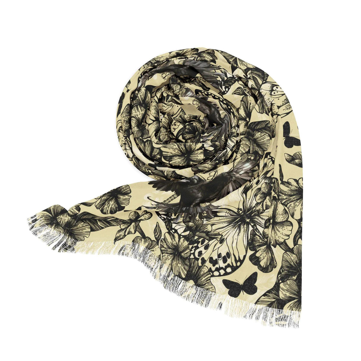 Crows in Flight Lightweight Scarf, Butterflies and Raven Floral Print Wrap