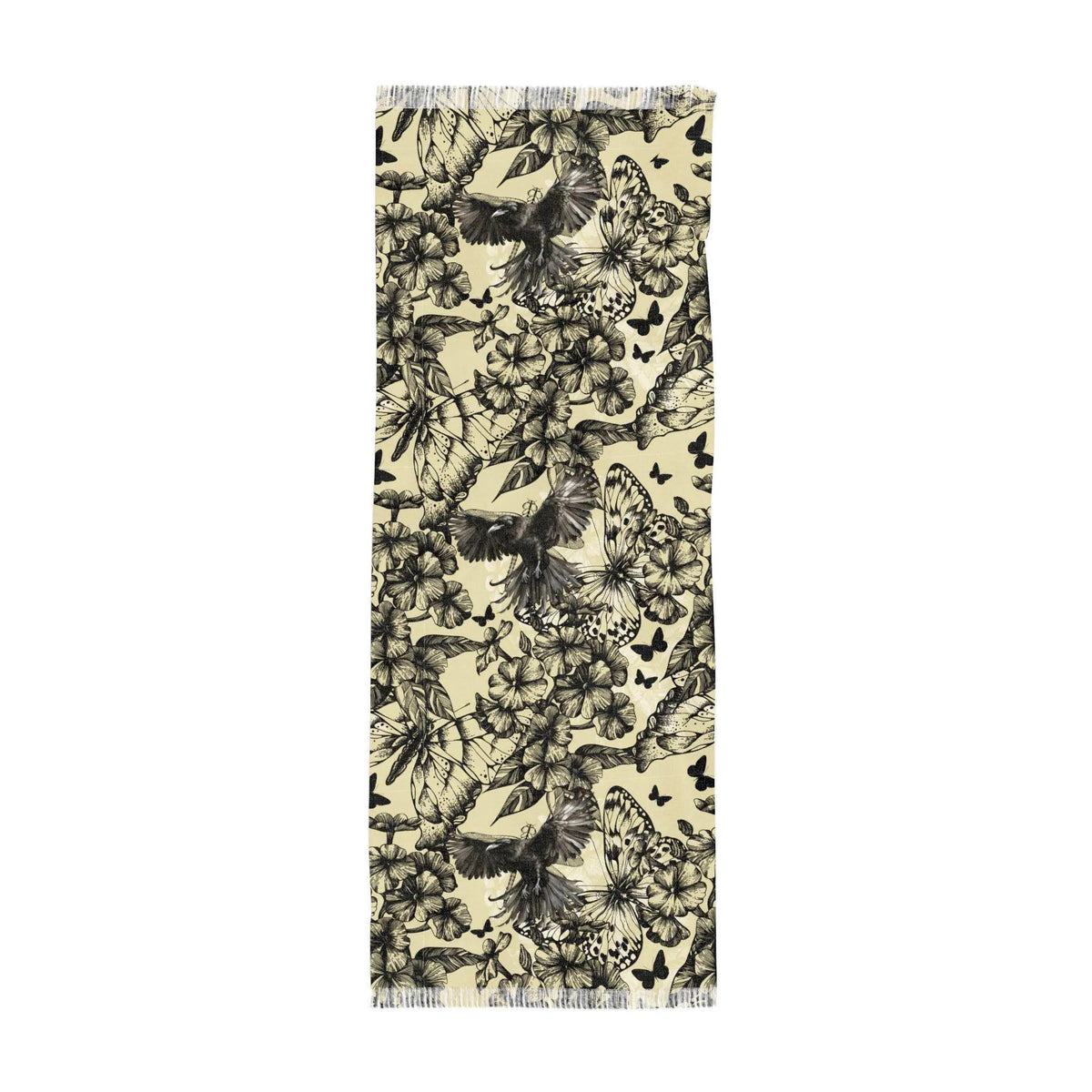 Crows in Flight Lightweight Scarf, Butterflies and Raven Floral Print Wrap