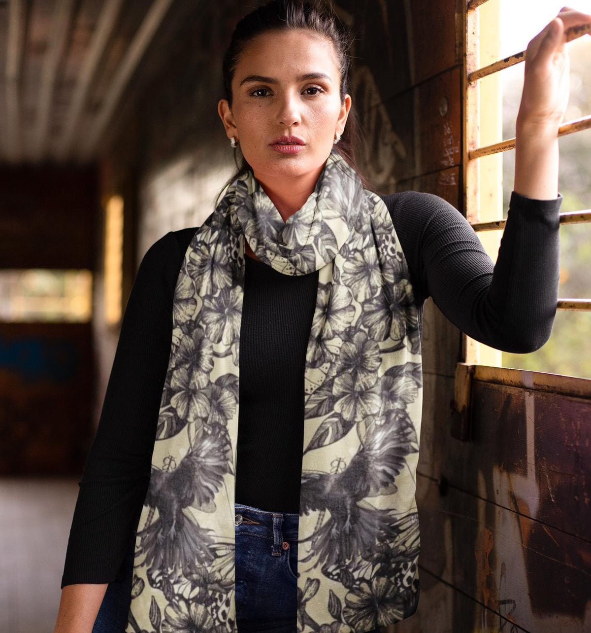 Crows in Flight Lightweight Scarf, Butterflies and Raven Floral Print Wrap