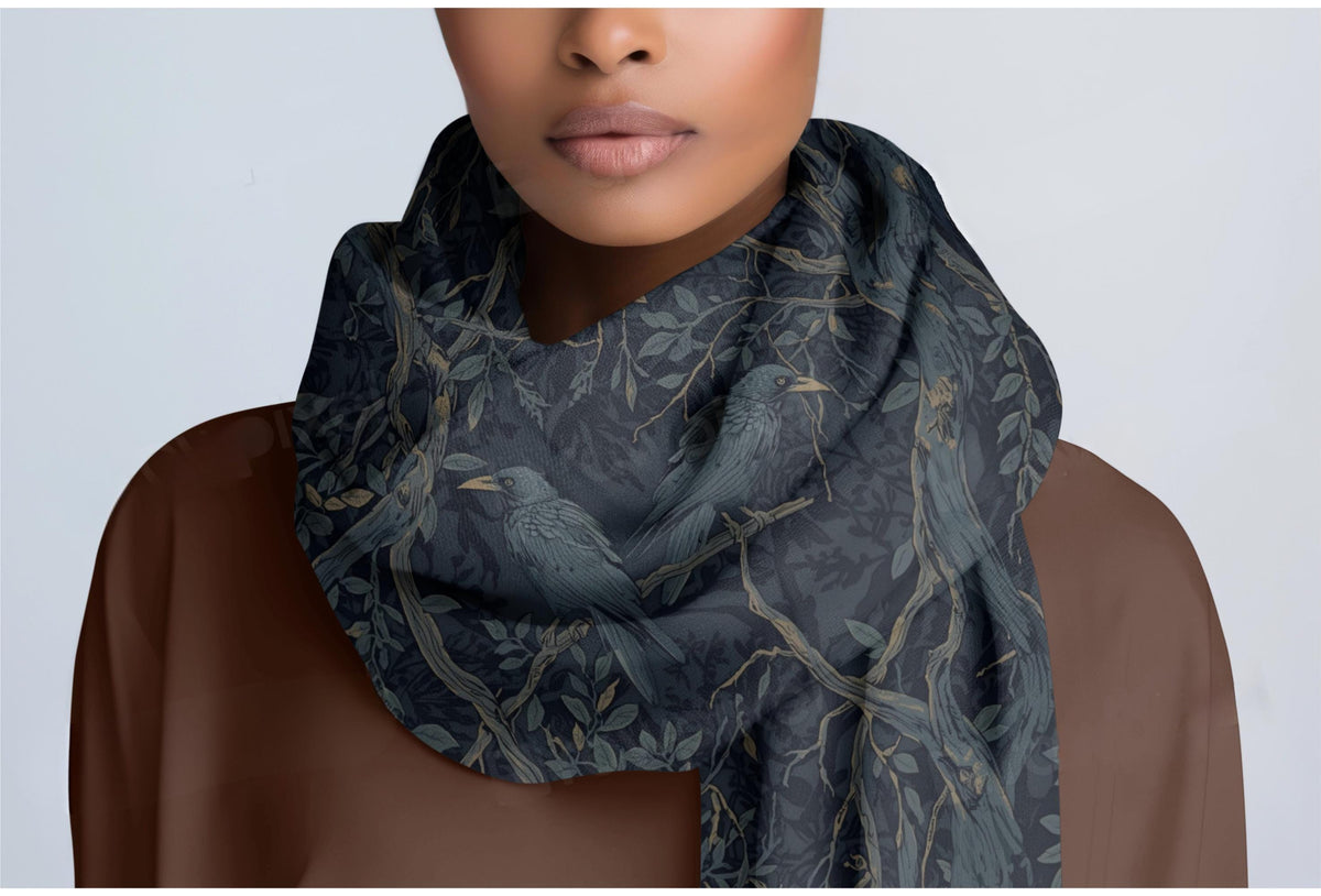 Crows in Flight Lightweight Scarf, Butterflies and Raven Floral Print Wrap