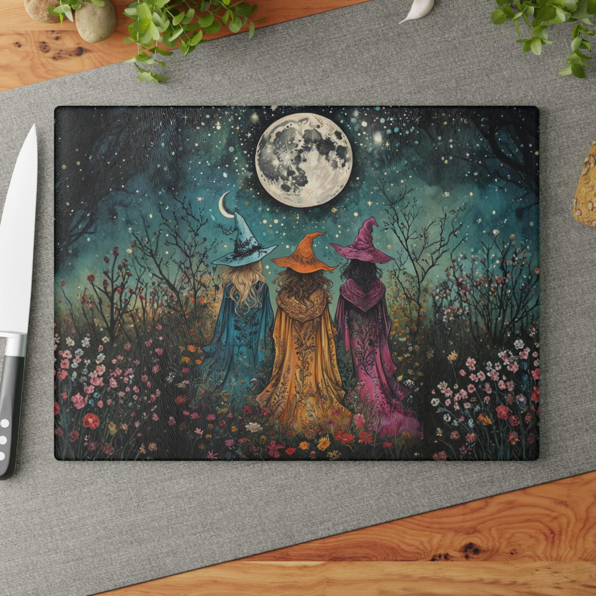 Sisterhood Witch Gift Idea for Mom Boho Witches Fall Hosting Gift Idea Kitchen Witch Decor for Halloween Party Moonlight Glass Cutting Board