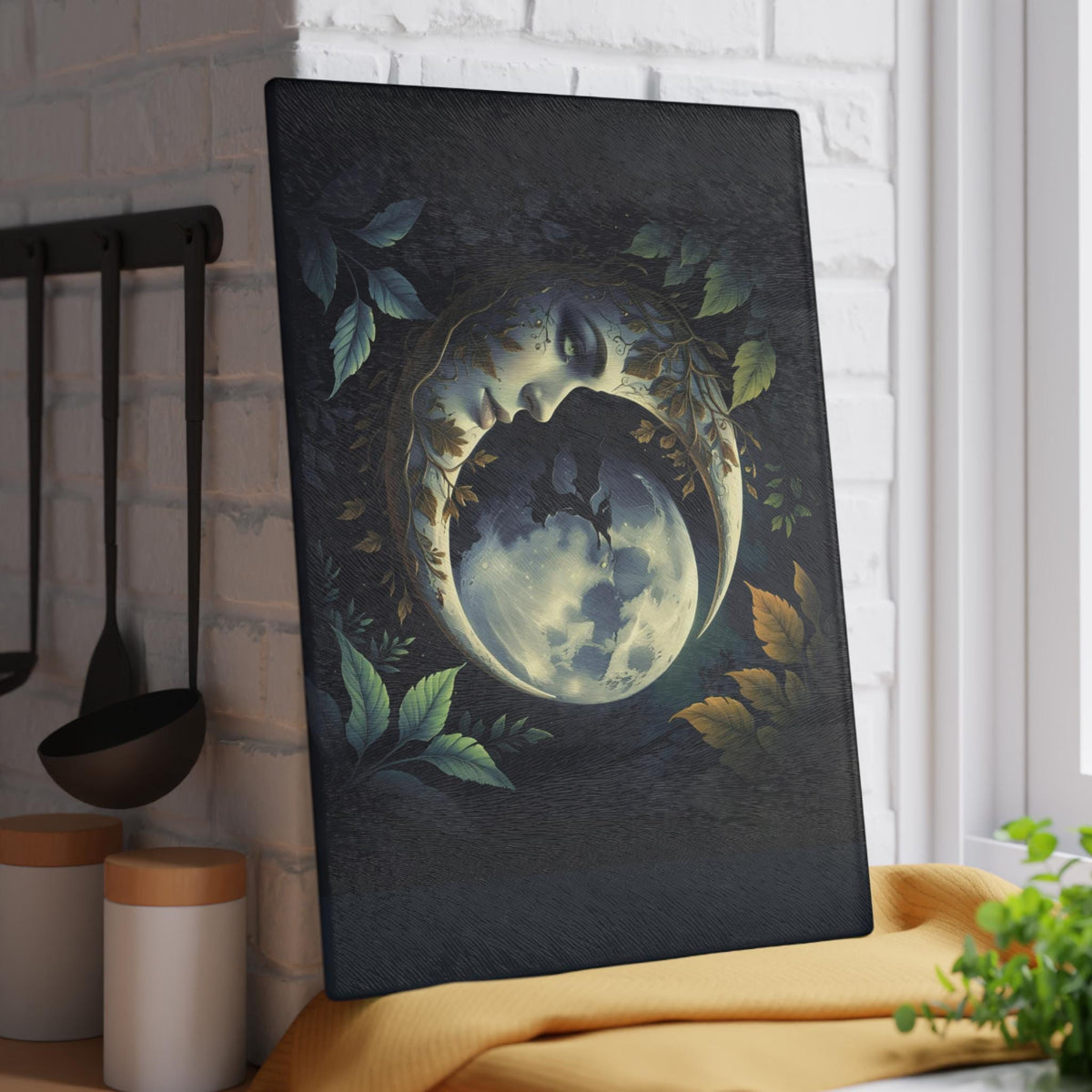 Holiday Fall Host Gift Kitchen Witch Mystic Decor Gift for Bestie Dark Academia Home Accessory for Mom Moonface Moon Glass Cutting Board