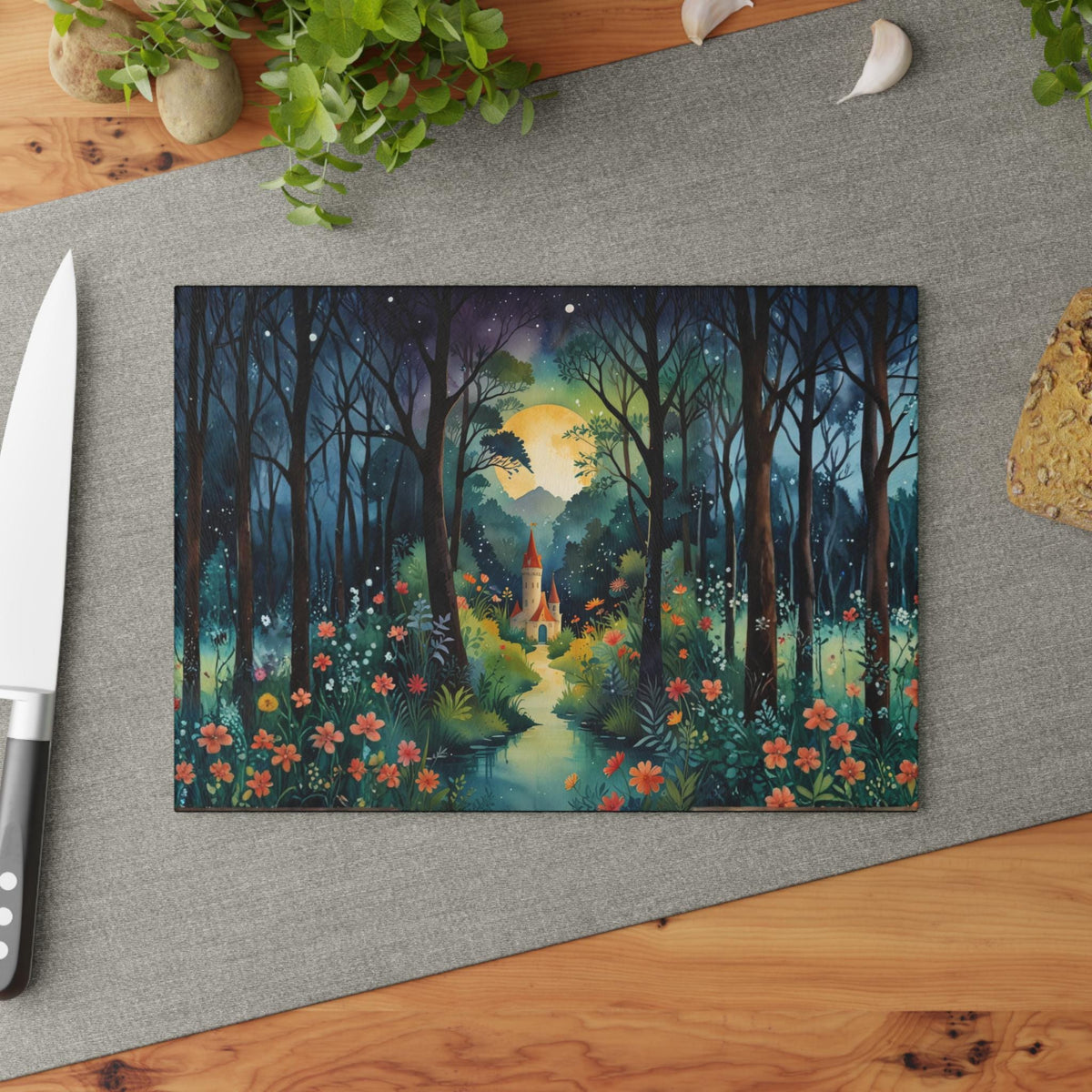 Enchanted Kitchen Storybook Decor for Whimsical Home Fairytale Castle Glass Cutting Board Cottagecore Farmhouse Gift Idea for Crow Lover