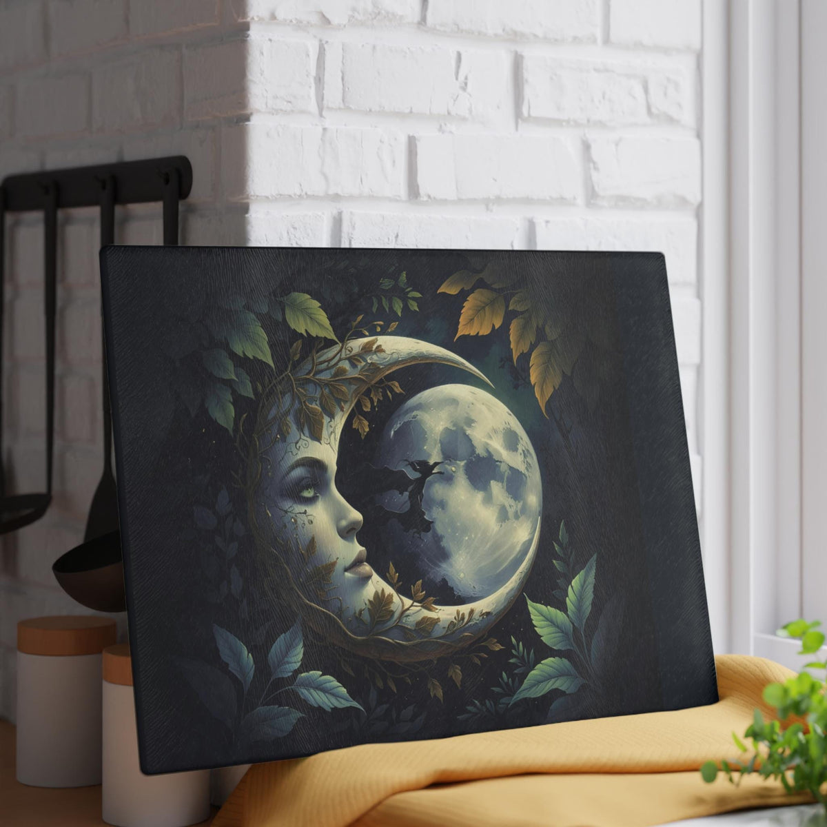 Holiday Fall Host Gift Kitchen Witch Mystic Decor Gift for Bestie Dark Academia Home Accessory for Mom Moonface Moon Glass Cutting Board