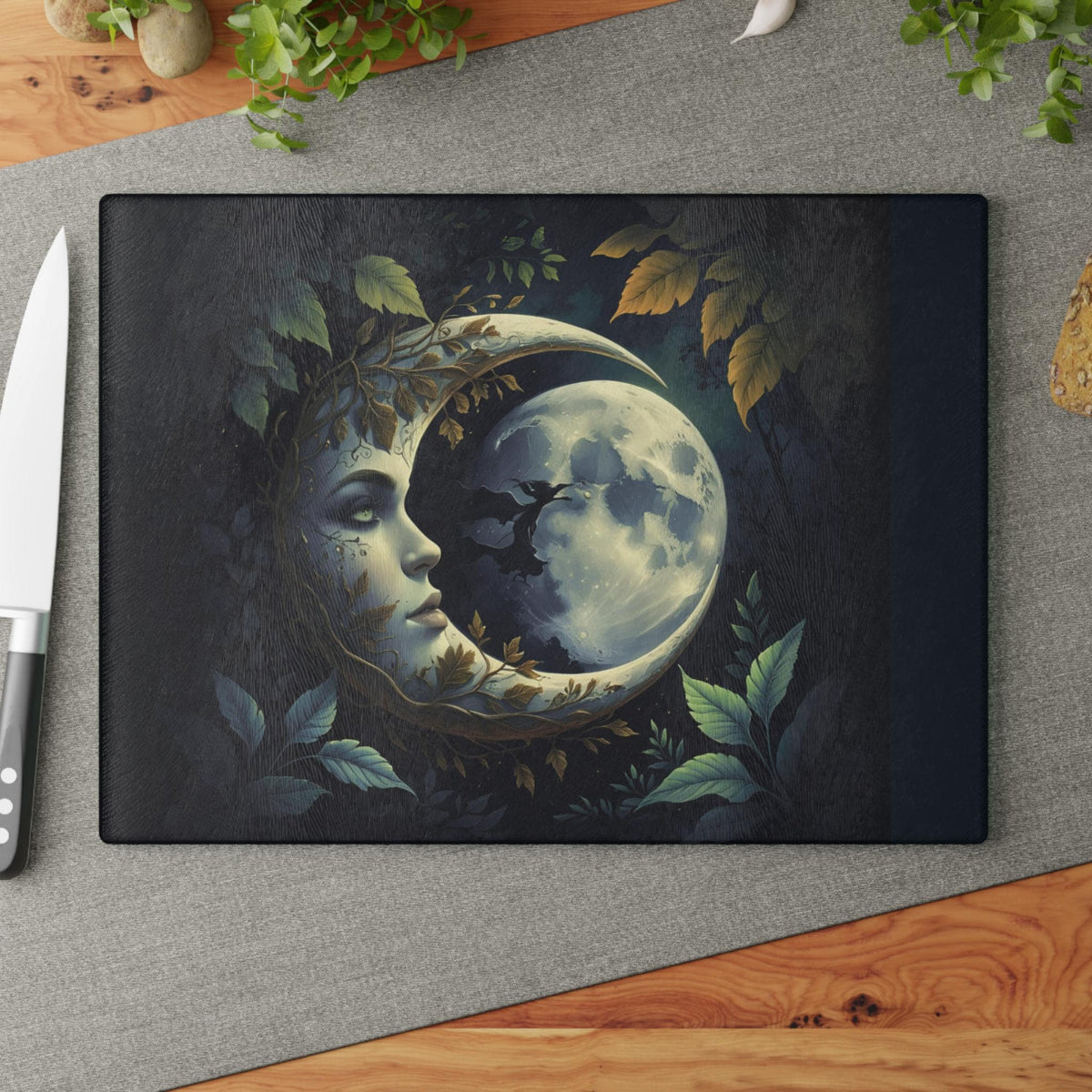 Holiday Fall Host Gift Kitchen Witch Mystic Decor Gift for Bestie Dark Academia Home Accessory for Mom Moonface Moon Glass Cutting Board