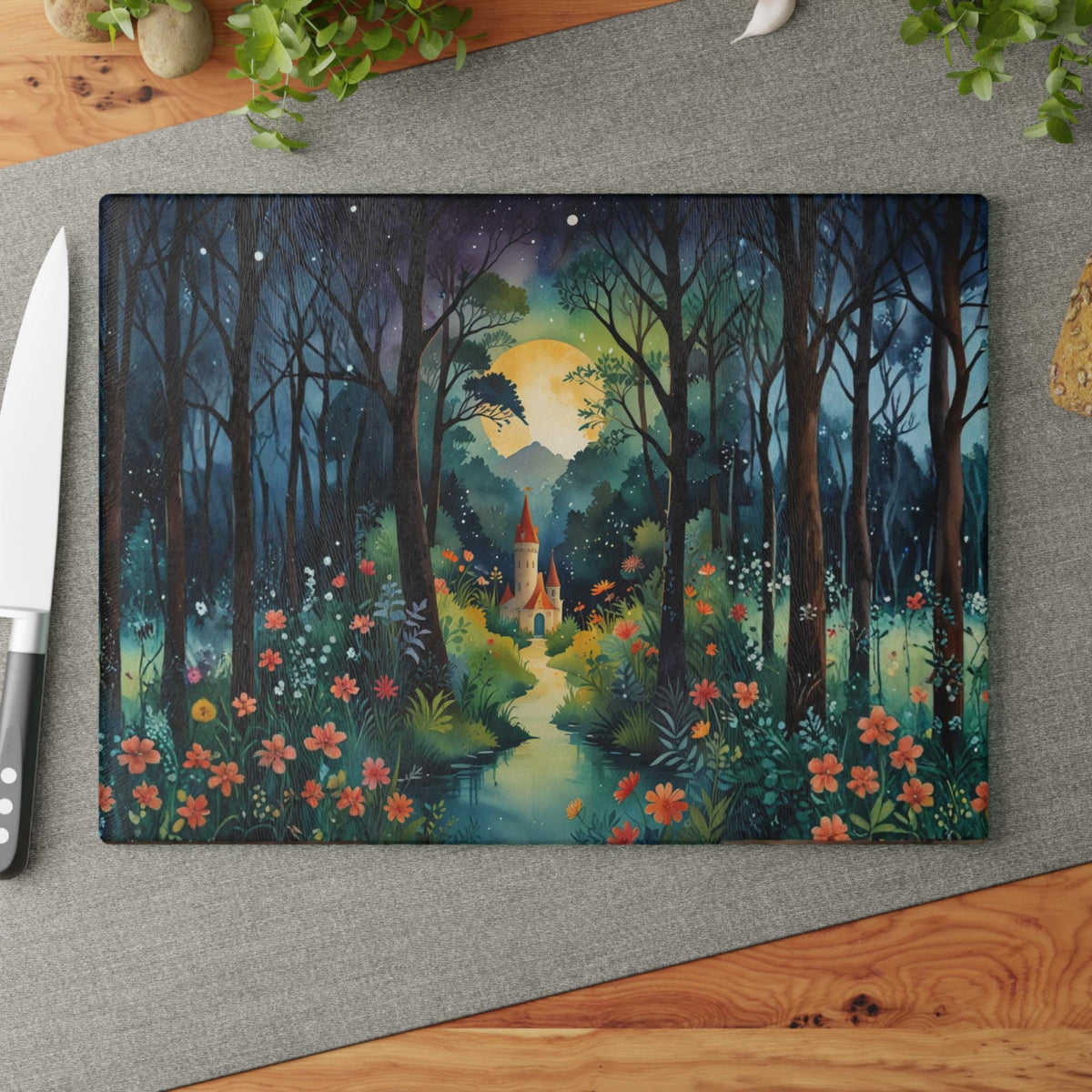 Enchanted Kitchen Storybook Decor for Whimsical Home Fairytale Castle Glass Cutting Board Cottagecore Farmhouse Gift Idea for Crow Lover