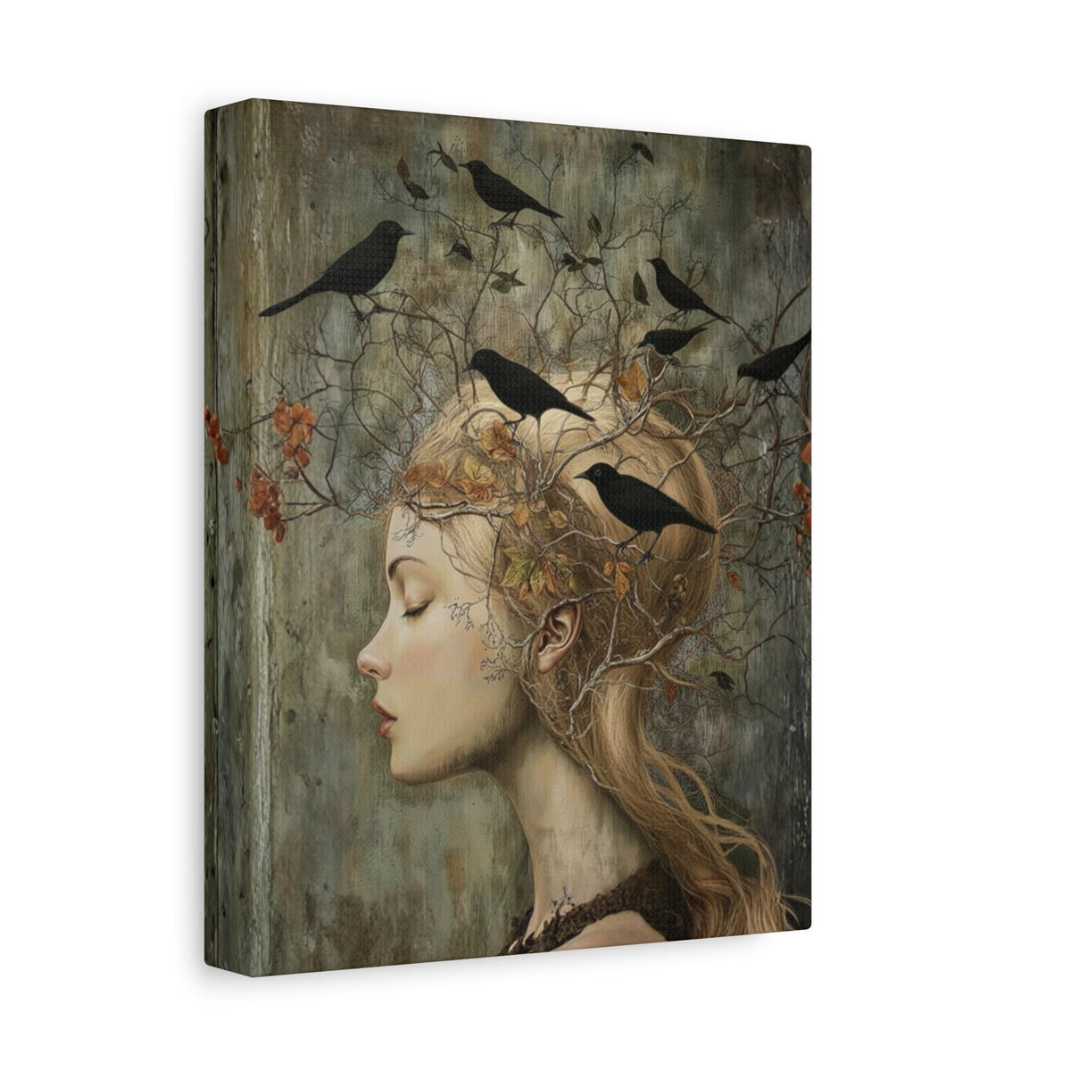 Witchy Wall Art Idea for Entryway Crow Woman Canvas Whimsical Raven Art Giftforher Gothic Wall Decor for Bedroom Pagan Mystical Feminine Art