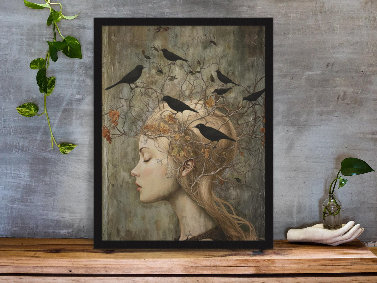 Witchy Wall Art Idea for Entryway Crow Woman Canvas Whimsical Raven Art Giftforher Gothic Wall Decor for Bedroom Pagan Mystical Feminine Art