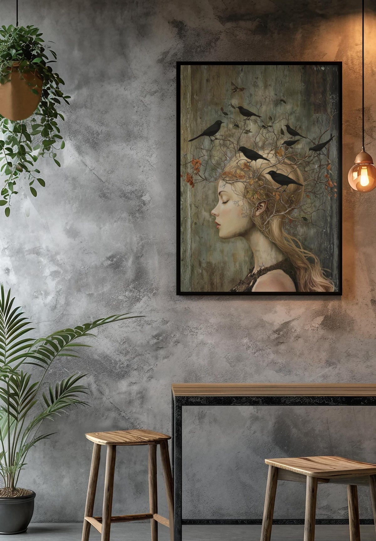 Witchy Wall Art Idea for Entryway Crow Woman Canvas Whimsical Raven Art Giftforher Gothic Wall Decor for Bedroom Pagan Mystical Feminine Art