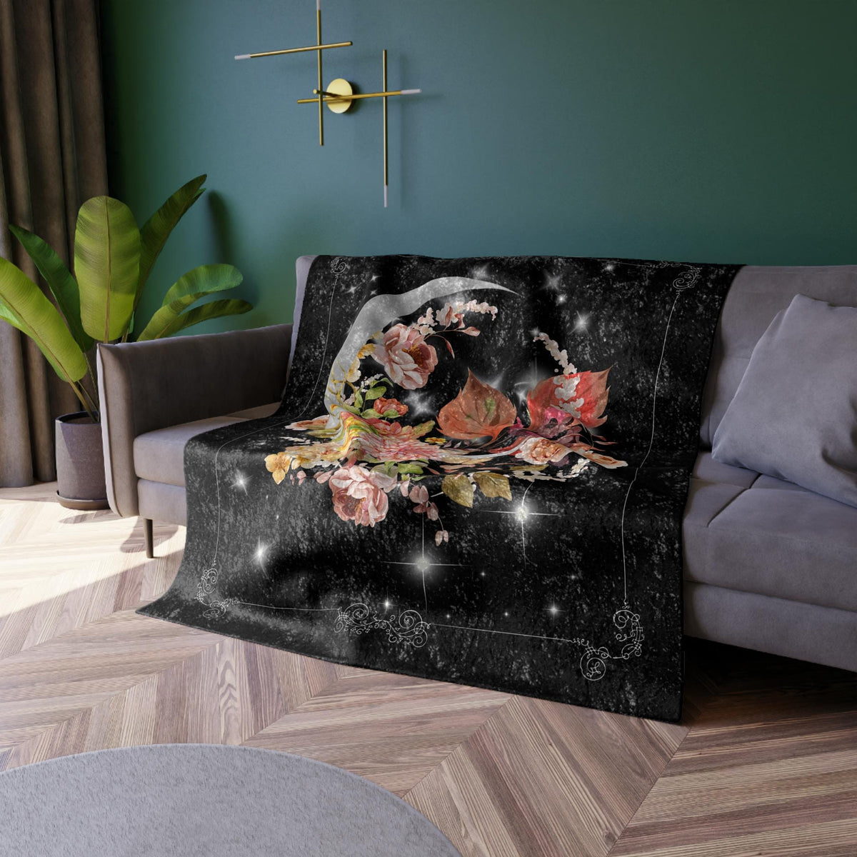 Crescent Moon in Florals Pillowcase | Moon Floral Crushed Velvet Blanket