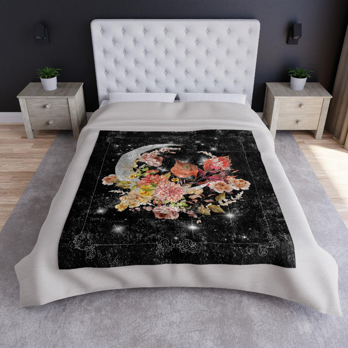 Crescent Moon in Florals Pillowcase | Moon Floral Crushed Velvet Blanket