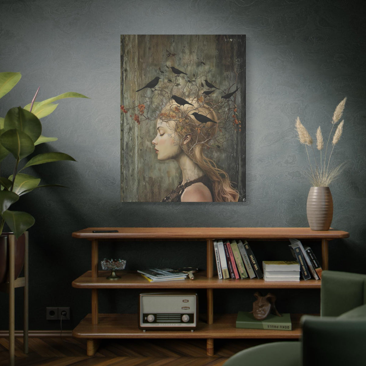 Witchy Wall Art Idea for Entryway Crow Woman Canvas Whimsical Raven Art Giftforher Gothic Wall Decor for Bedroom Pagan Mystical Feminine Art