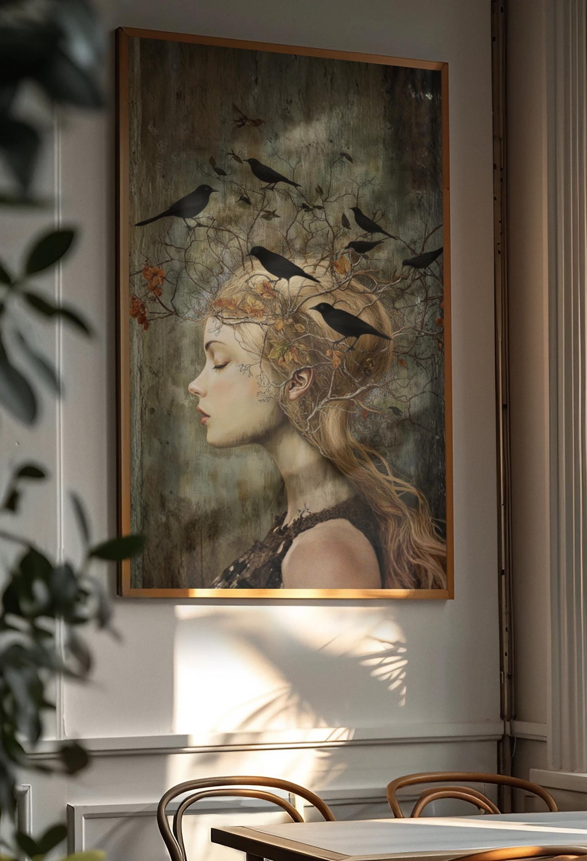 Witchy Wall Art Idea for Entryway Crow Woman Canvas Whimsical Raven Art Giftforher Gothic Wall Decor for Bedroom Pagan Mystical Feminine Art
