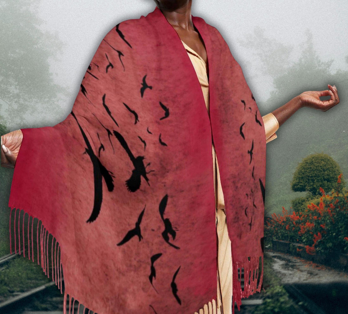 Raven Oxblood Scarf Christmas Gift for Witchy Mom Moody Gothic Shawl Cape Sorcière Crow Scarf for Halloween Festival Witchy Wrap for Bestie
