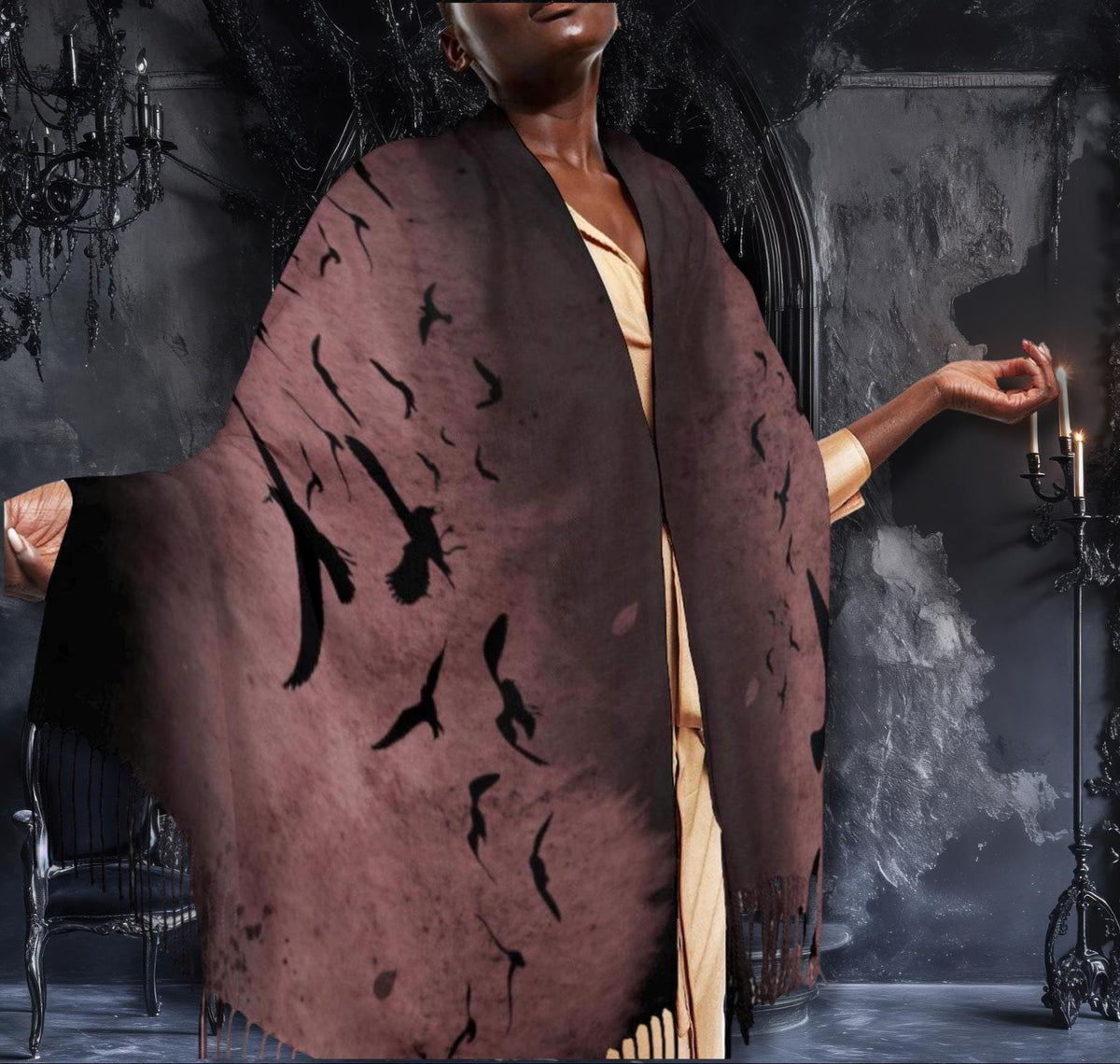 Raven Oxblood Scarf Christmas Gift for Witchy Mom Moody Gothic Shawl Cape Sorcière Crow Scarf for Halloween Festival Witchy Wrap for Bestie
