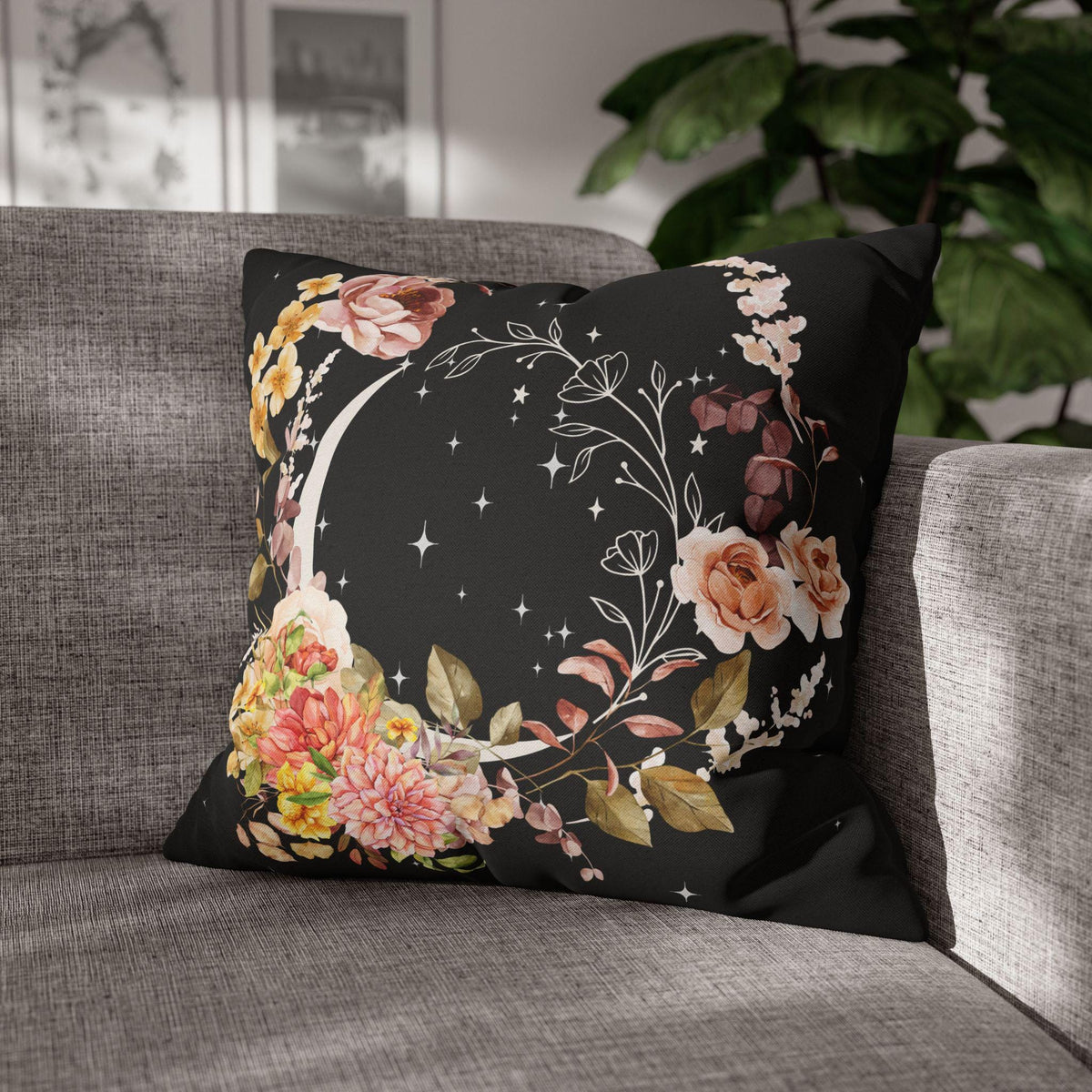 Crescent Moon in Florals Pillowcase | Moon Floral Crushed Velvet Blanket