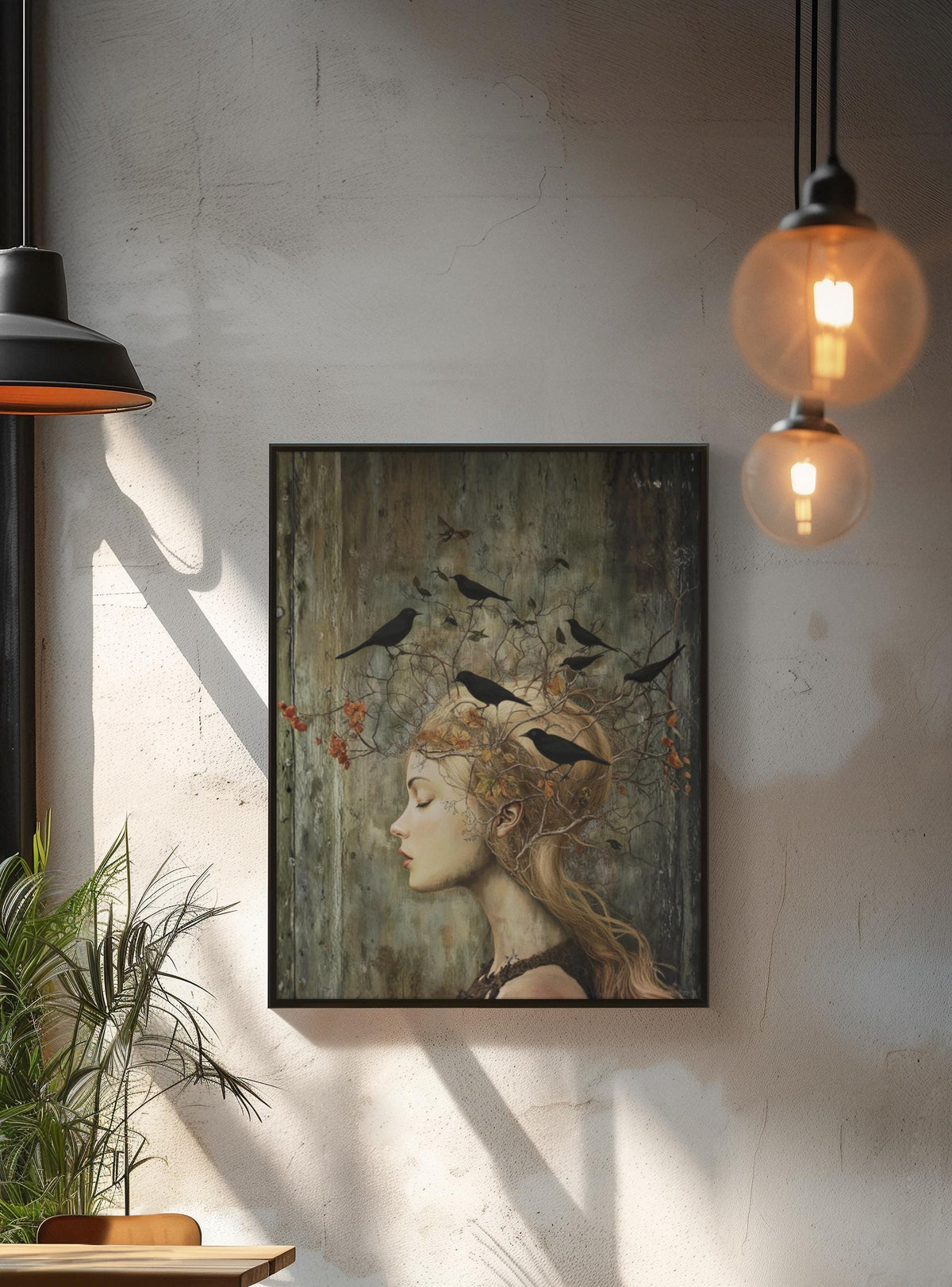 Witchy Wall Art Idea for Entryway Crow Woman Canvas Whimsical Raven Art Giftforher Gothic Wall Decor for Bedroom Pagan Mystical Feminine Art