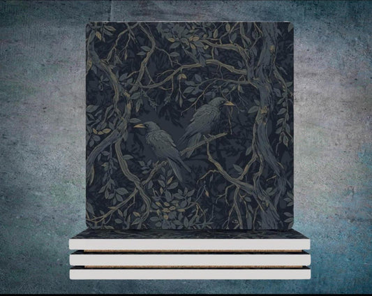 Victorian William Morris Inspired Crow Square Ceramic Coaster Gothic Edgar Allan Poe Cork Back Dark Academia Drinkware Moody Goth Witch Gift
