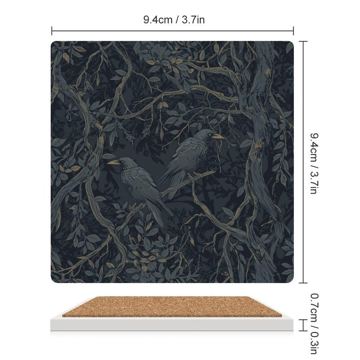 Victorian William Morris Inspired Crow Square Ceramic Coaster Gothic Edgar Allan Poe Cork Back Dark Academia Drinkware Moody Goth Witch Gift