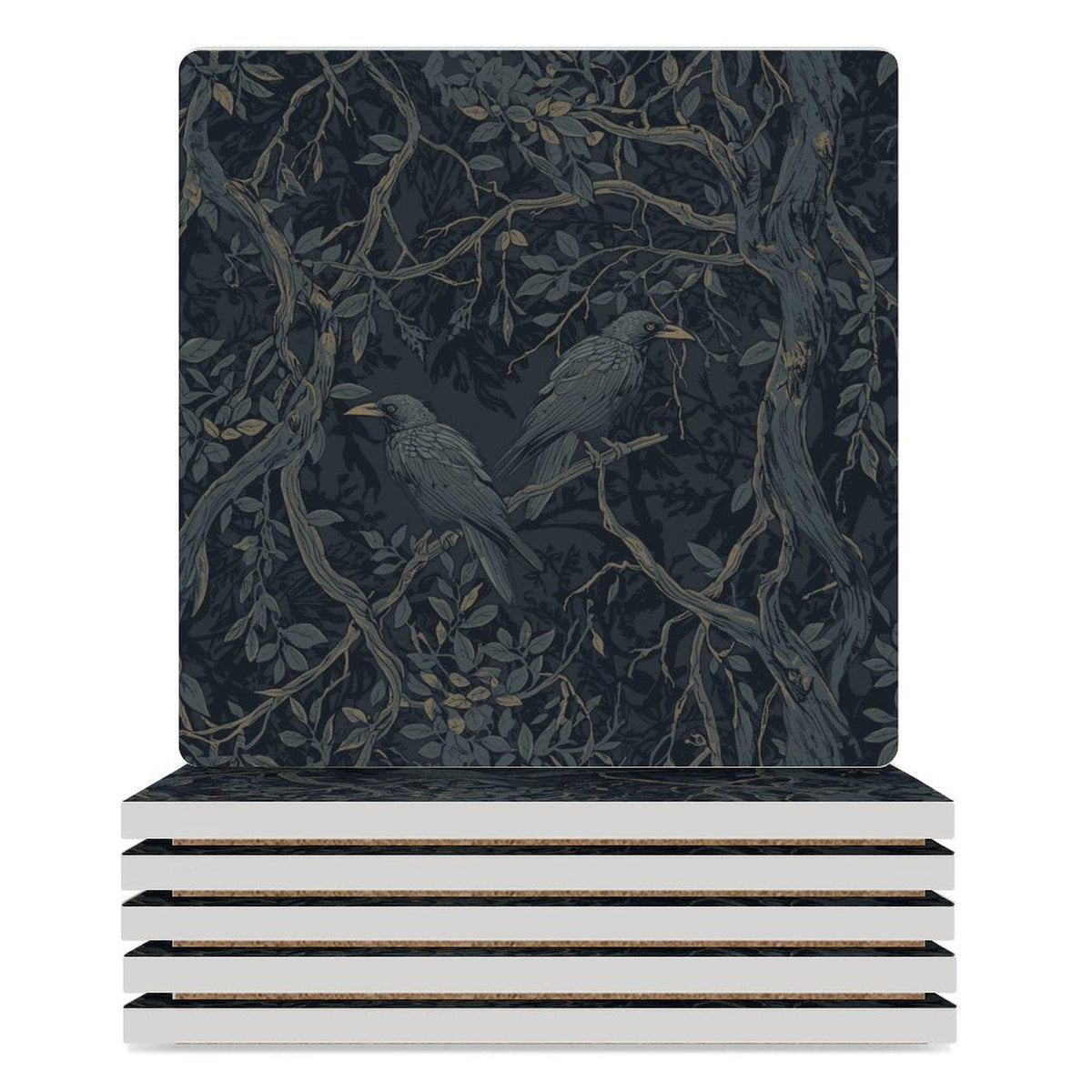 Victorian William Morris Inspired Crow Square Ceramic Coaster Gothic Edgar Allan Poe Cork Back Dark Academia Drinkware Moody Goth Witch Gift