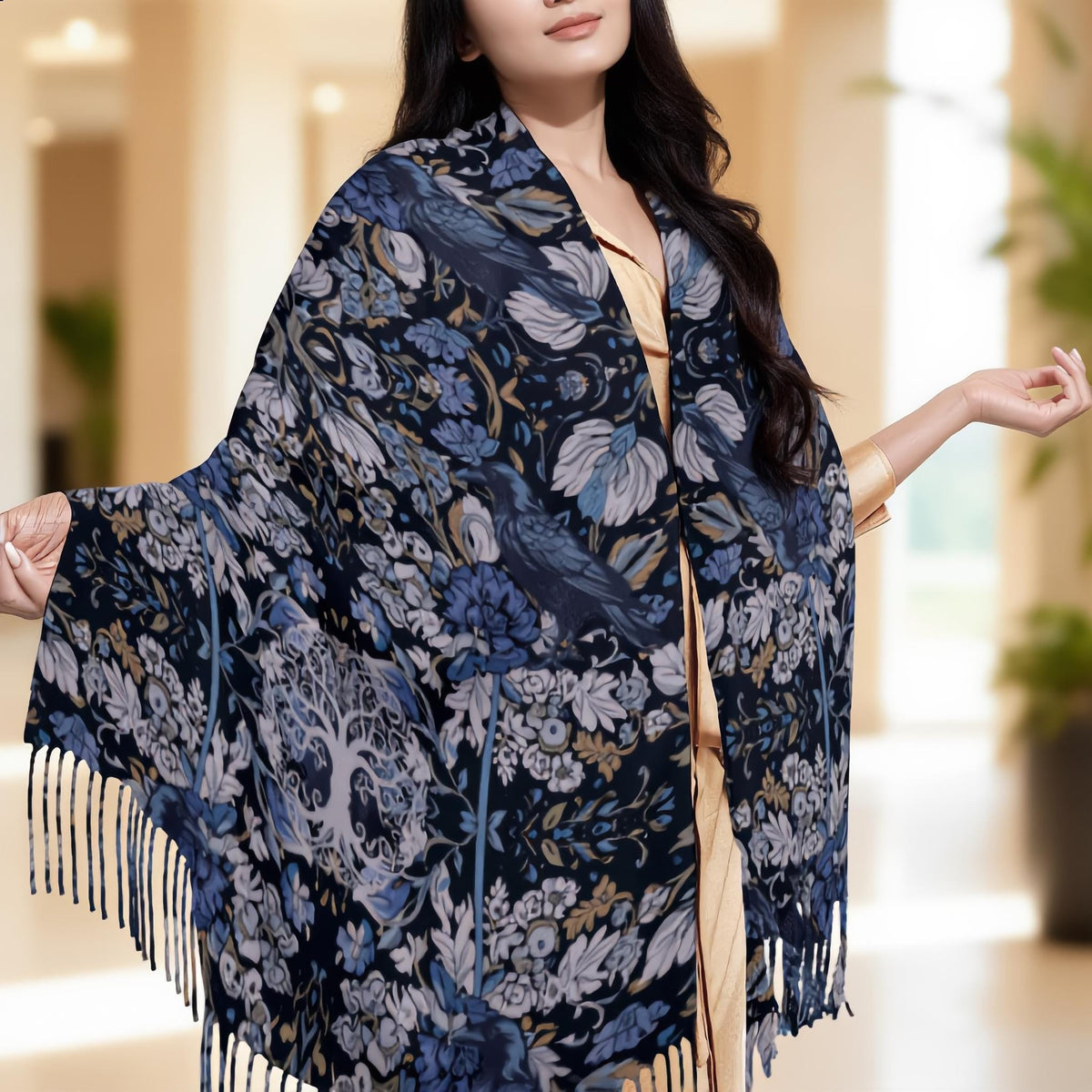 Whimsigoth Clothing Winter Scarf William Morris Inspired Crow Tassel Scarf Gothic Shawl Wrap Tree of Life Raven Wrap Witchy Murder of Crows