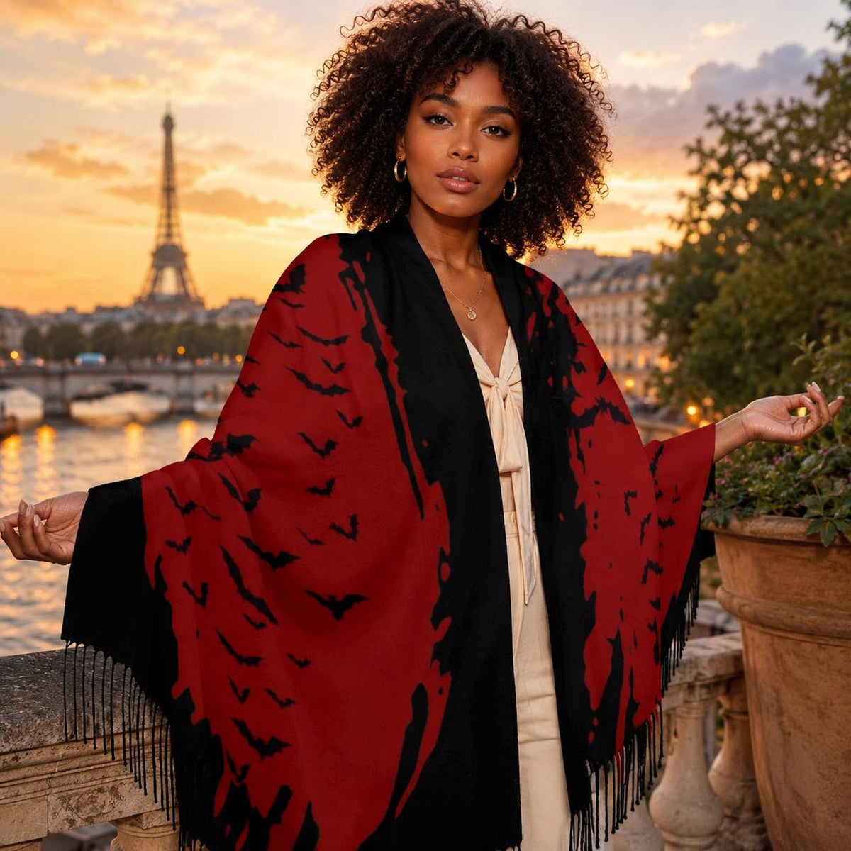 Witchy Gothic Outerwear Cloud of Bats Gothic Clothing Pagan Gift Flock of Birds Bat Shawl Oxblood Bat Tassel Scarf Gothic Halloween Fashion