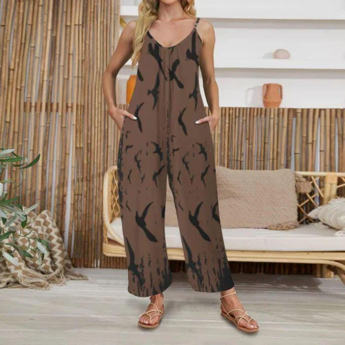 Witchy Crow Print Jumpsuit Outfit Gothic Pleated Cami Wide Leg Casualwear