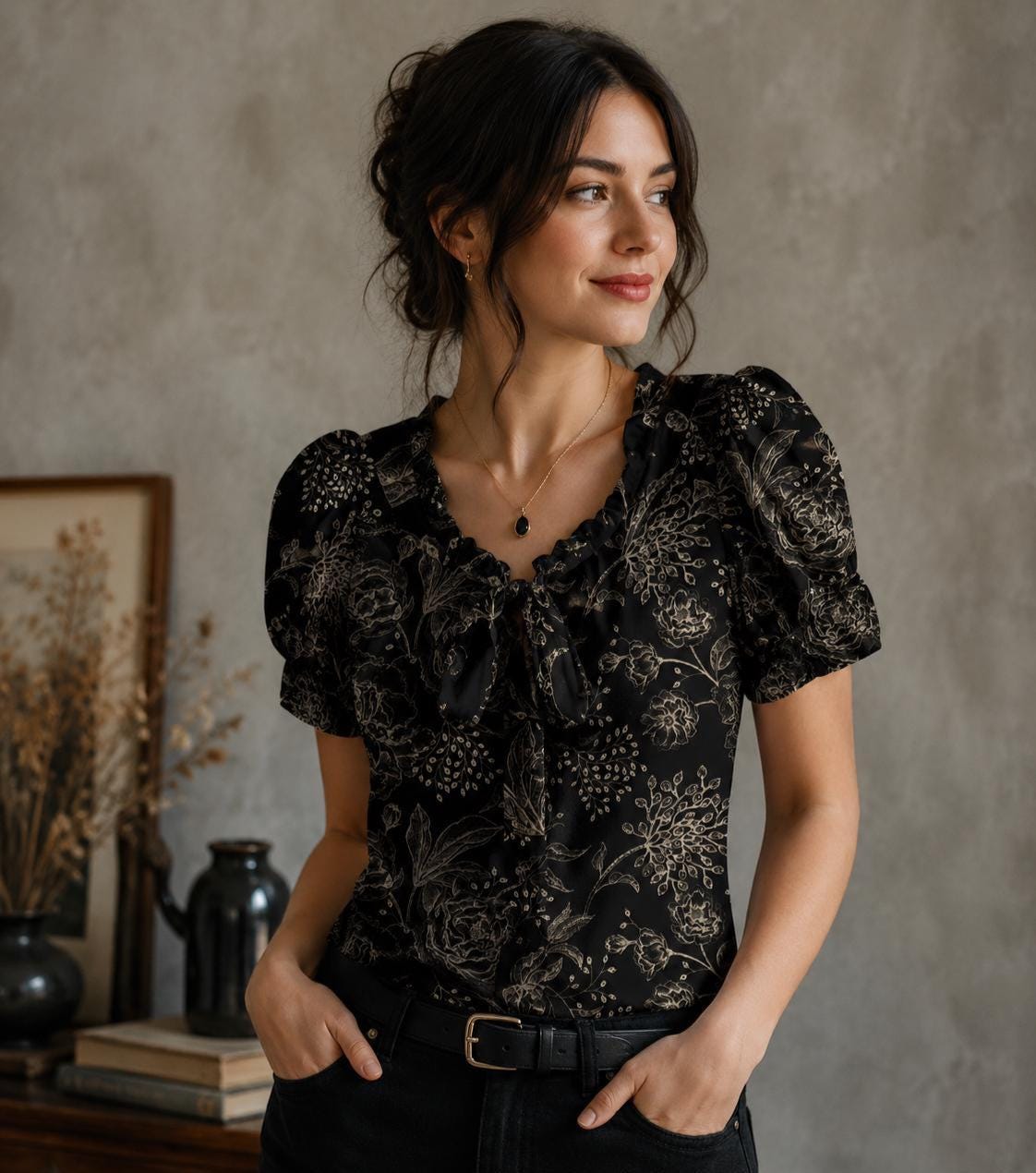 A woman wearing a black short-sleeve blouse with a beige floral pattern, ruffled collar, and front tie detail, paired with black pants, standing in an indoor setting with a textured gray wall background.