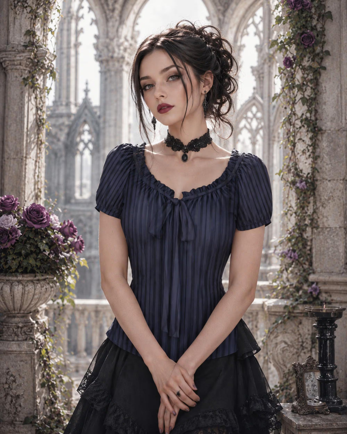 A woman wearing a dark navy blue and black gothic-style pleated blouse with a ruffled neckline and short puff sleeves, standing in a stone gothic courtyard with arches and purple flowers.
