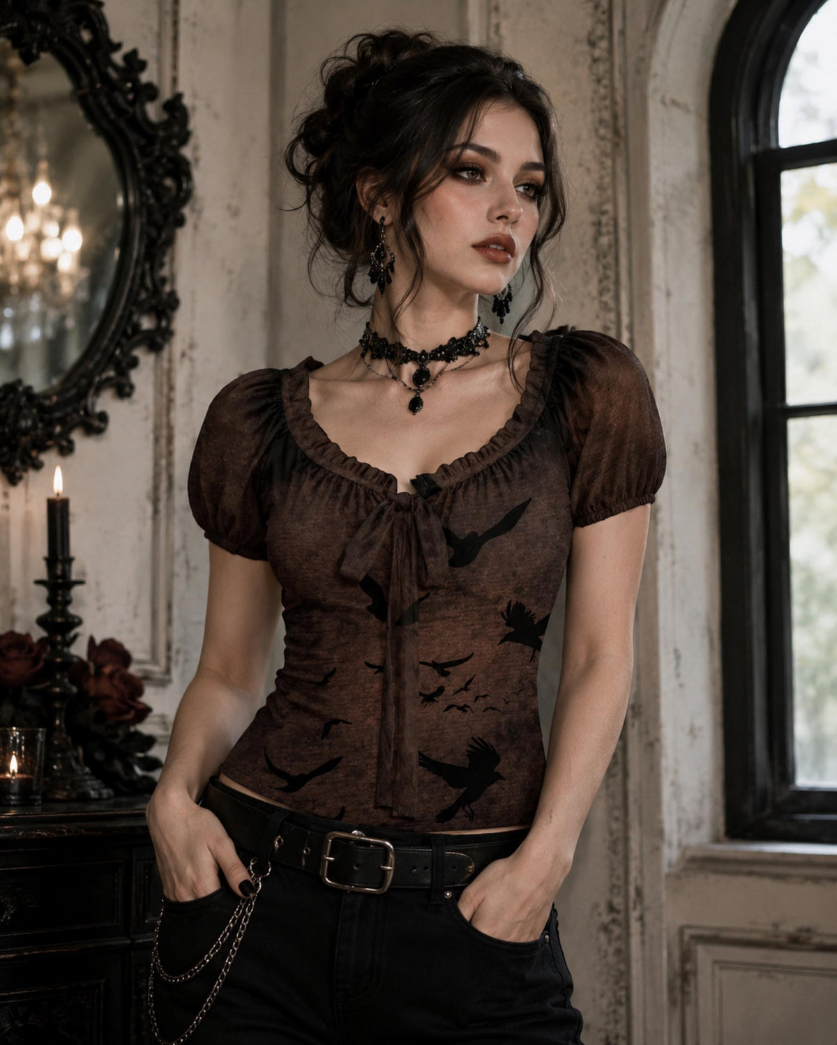 A woman wearing a dark brown and black gothic-style short-sleeve top with a ruffled neckline and a bird print, paired with black pants and a black choker necklace, standing in an ornate room with a mirror and window.