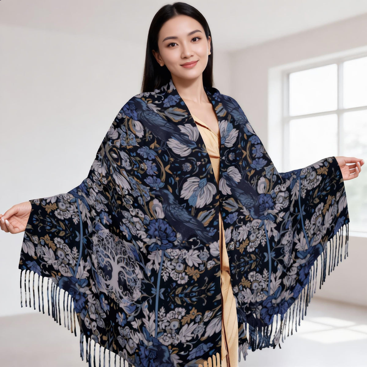 Whimsigoth Clothing Winter Scarf William Morris Inspired Crow Tassel Scarf Gothic Shawl Wrap Tree of Life Raven Wrap Witchy Murder of Crows