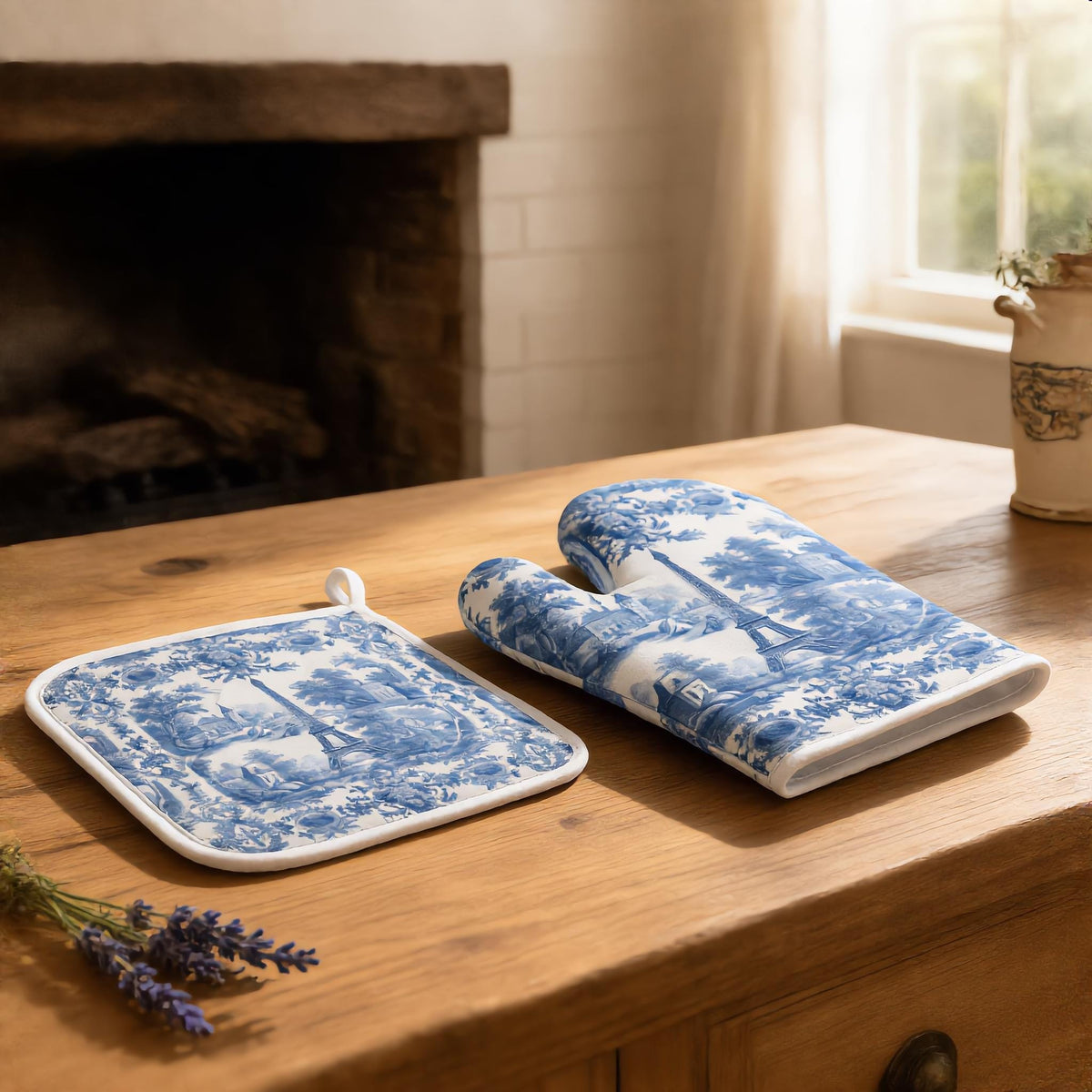 French Kitchen Baking Gift Toile Oven Mitts & Pot Holder Set Blue White Decor Thick Oven Mitt Farmhouse Kitchen Decor Wedding Shower Gift