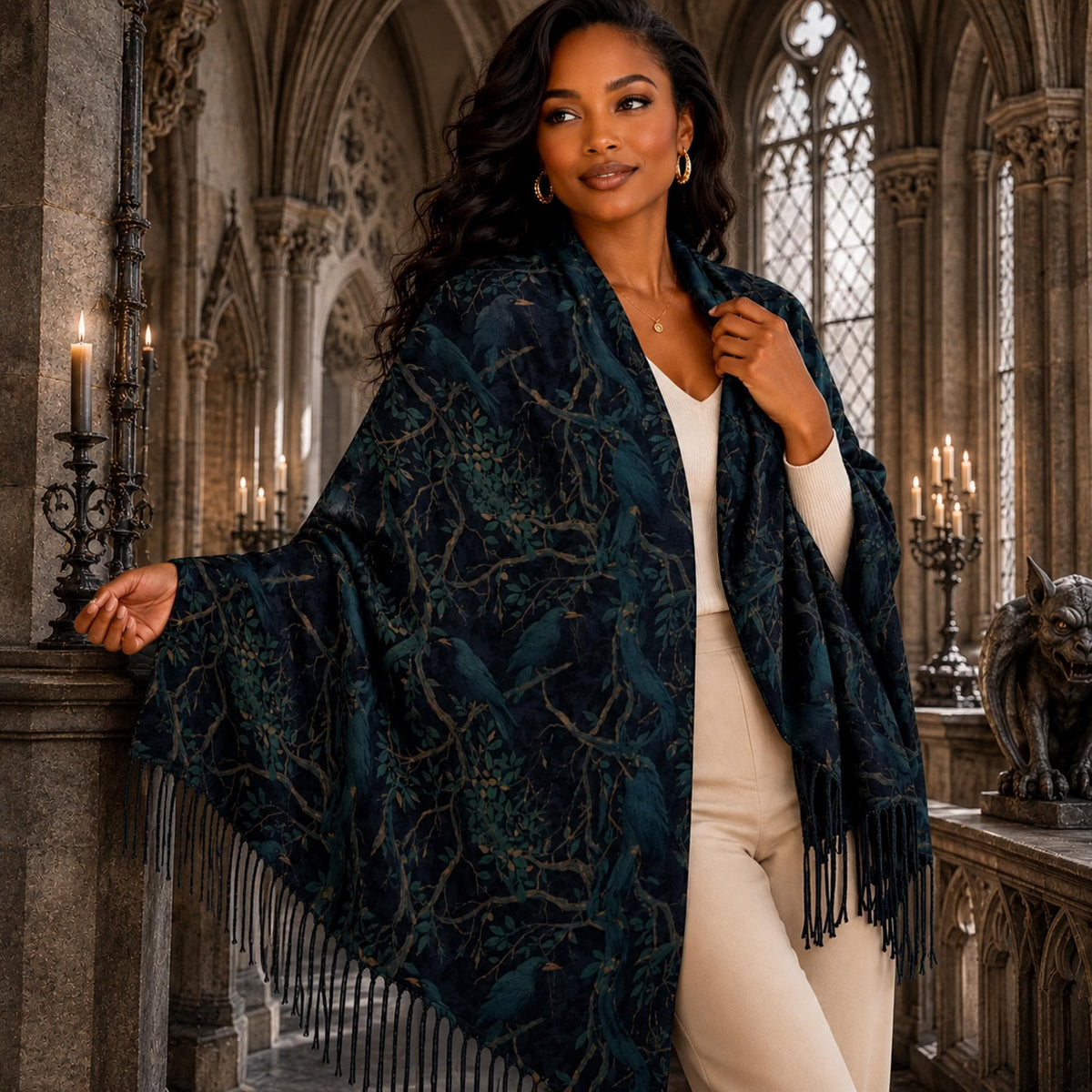 Victorian Inspired Edgar Allan Poe Dark Academia Crow Tassel Scarf William Morris Goth Shawl Wrap Witchy Clothing Gothic Raven Fall Fashion