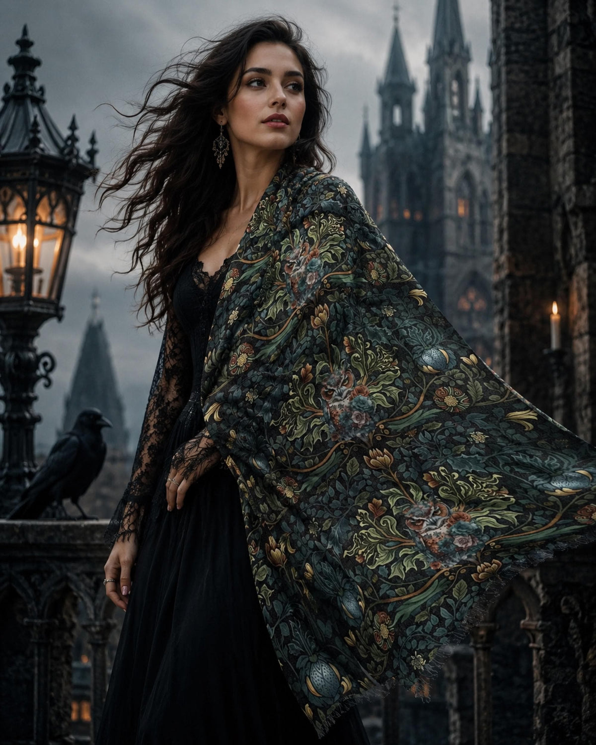 William Morris Inspired Witchy Owl Lightweight Scarf Gift for Witch Unique Neckwear Dark Academia Gothic Shawl Crow Lover Gift Raven Wrap