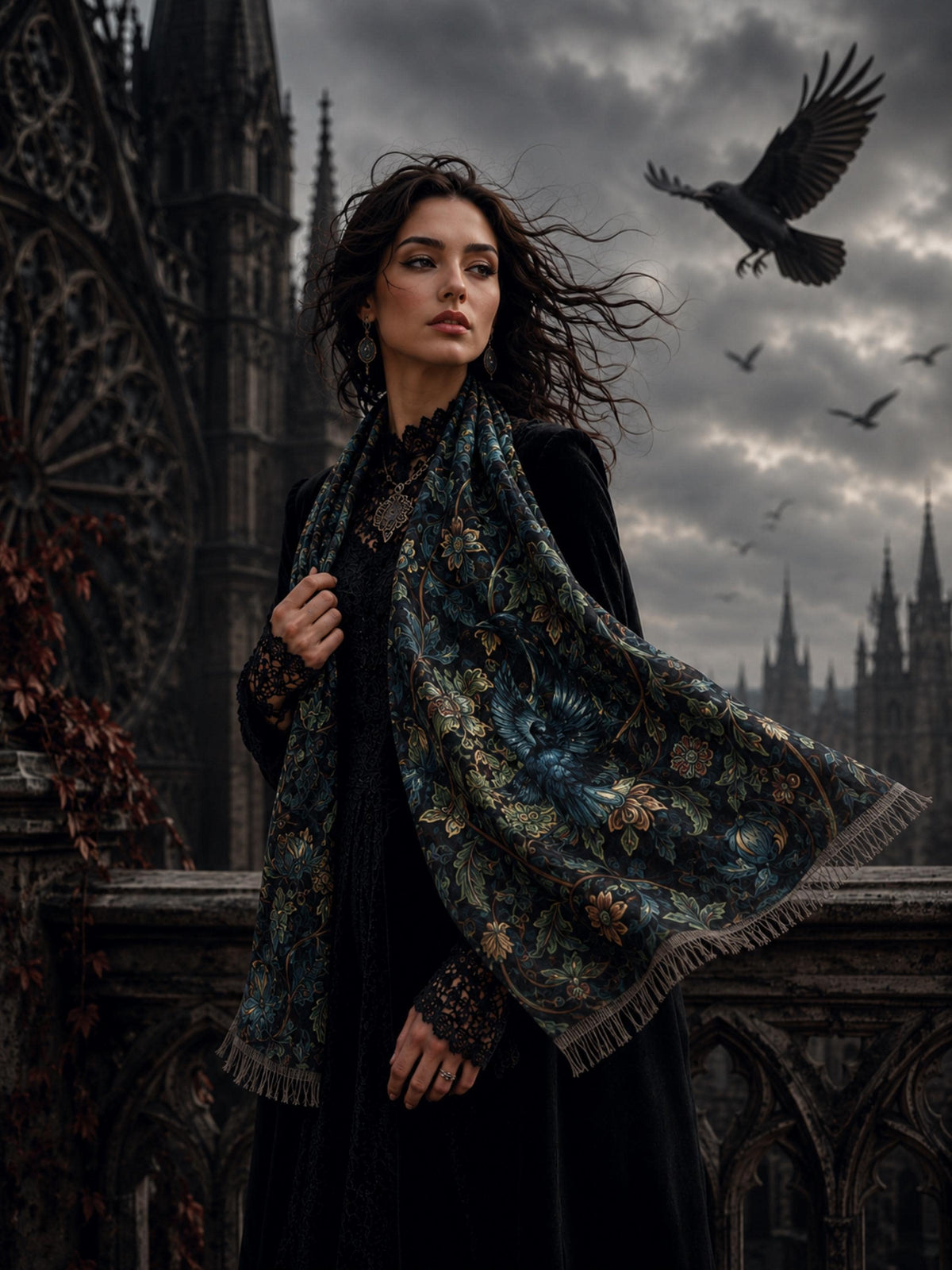 William Morris Inspired Witchy Owl Lightweight Scarf Gift for Witch Unique Neckwear Dark Academia Gothic Shawl Crow Lover Gift Raven Wrap
