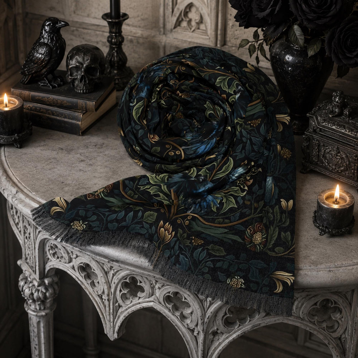 William Morris Inspired Witchy Owl Lightweight Scarf Gift for Witch Unique Neckwear Dark Academia Gothic Shawl Crow Lover Gift Raven Wrap