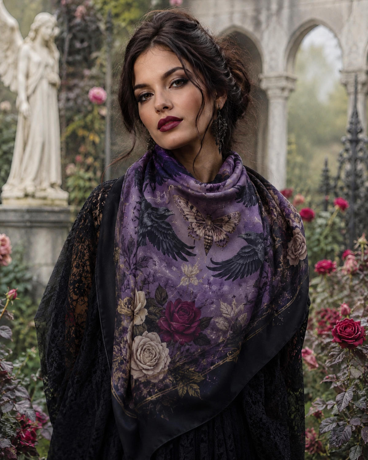 Dark Romance Altar Cloth for Gothic Halloween Party Rose & Crow Goth Scarf for Festive Holiday Magical Witch Square Holiday Gift for Mom