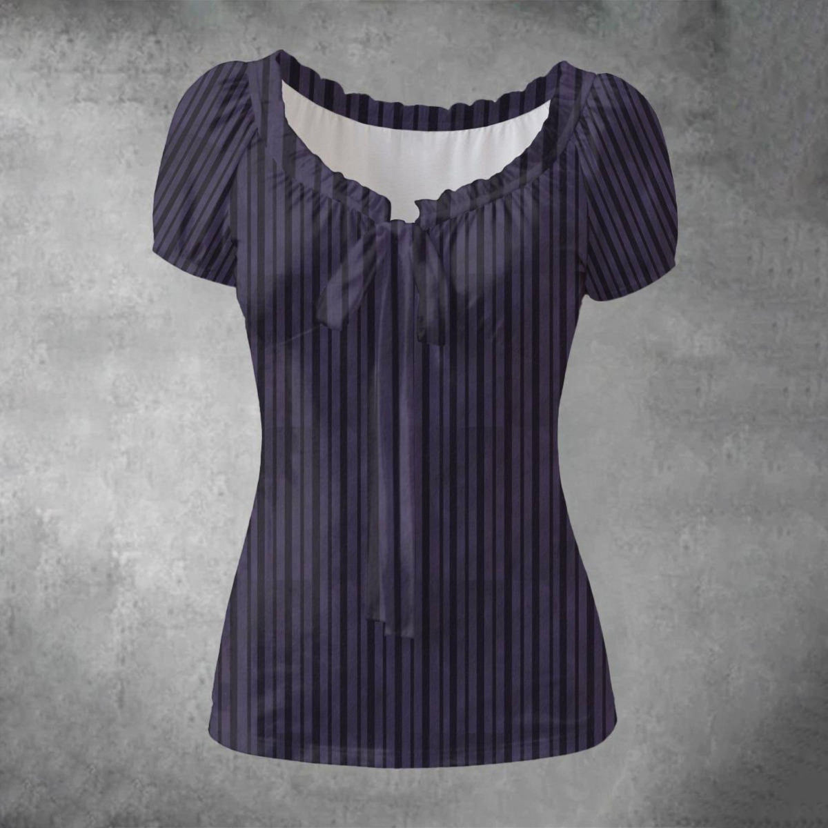 A short-sleeve blouse with vertical dark purple and black stripes, a ruffled square neckline, and a front tie detail, shown against a textured gray background.