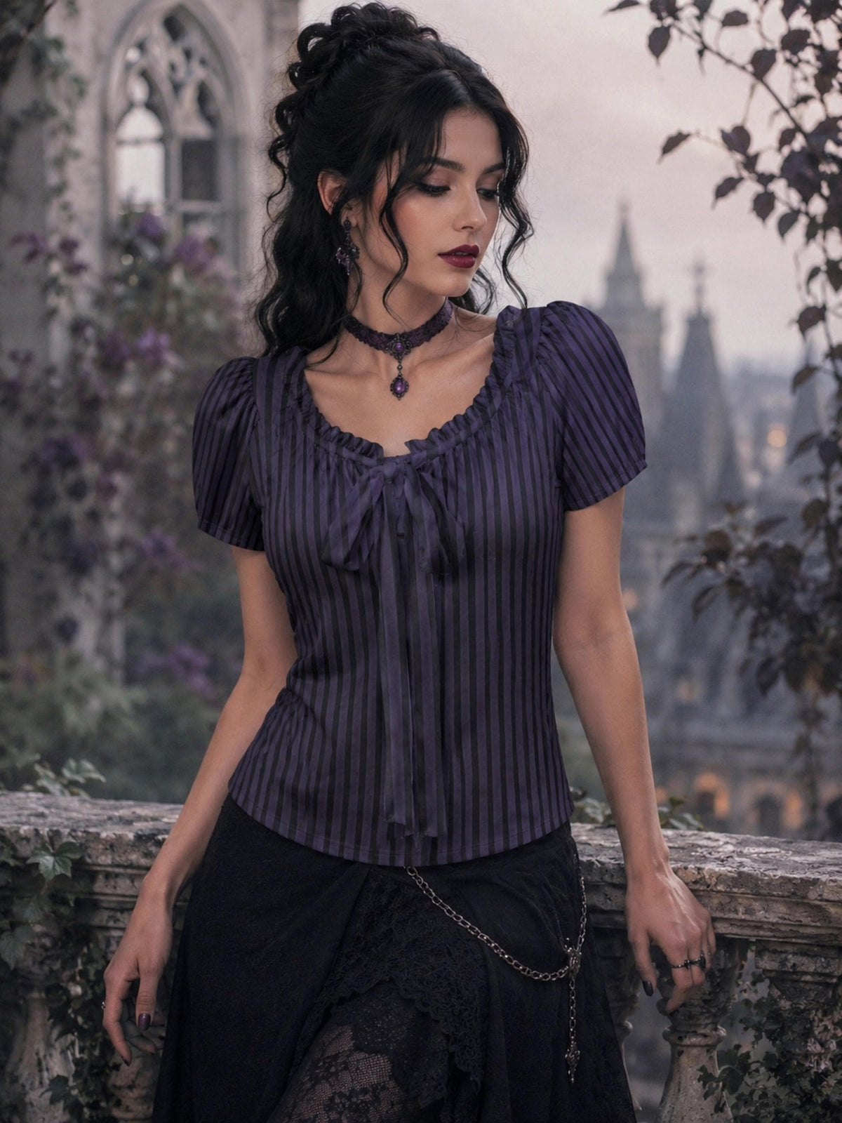 A woman wearing a dark purple and black vertically striped short-sleeve blouse with a ruffled tie neckline, paired with a black skirt, posed outdoors against a gothic stone wall and distant castle spires.