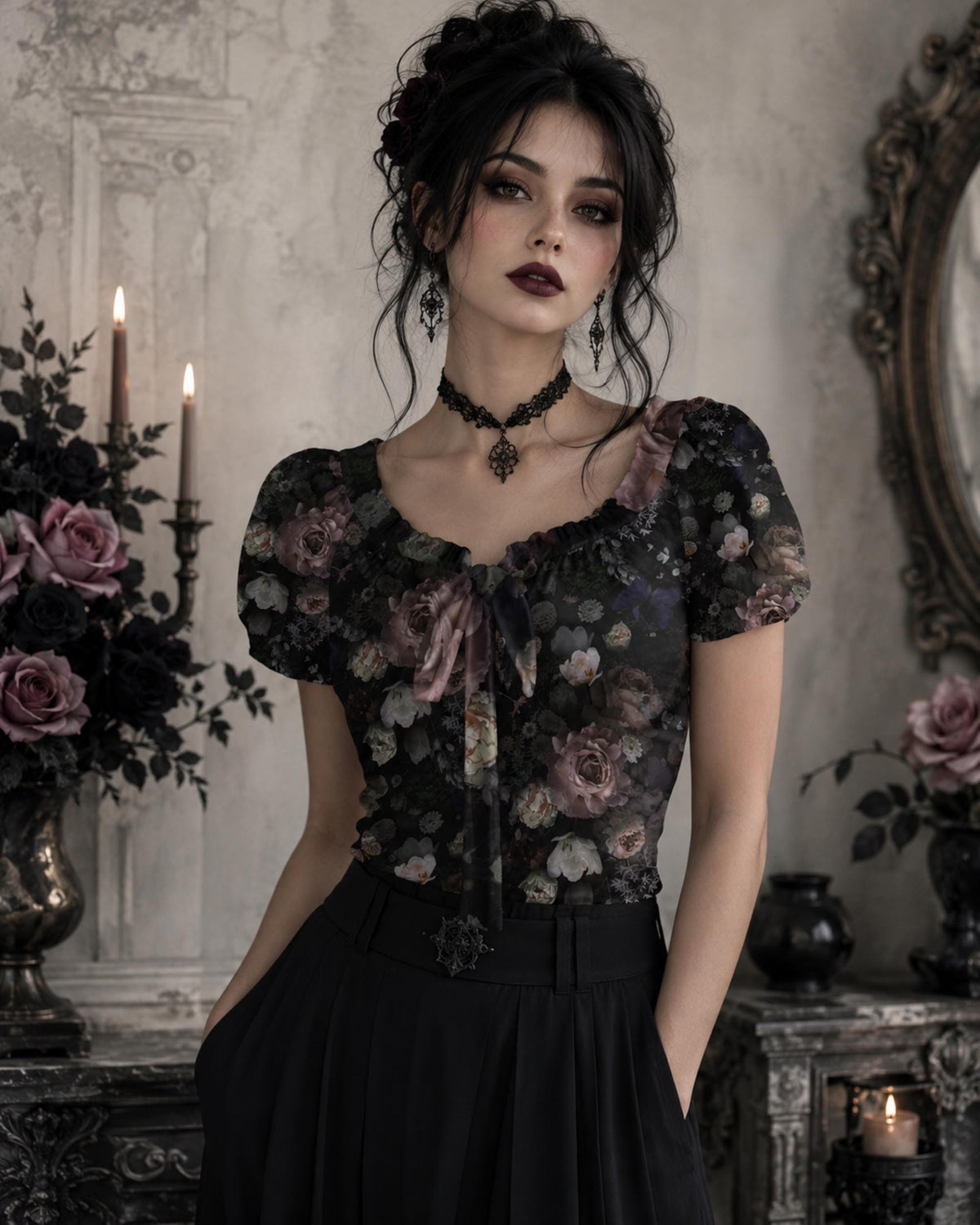 A woman with dark hair and gothic makeup wearing a black short-sleeve blouse with a floral print in dusty pink, purple, and gray, paired with a black skirt. She is posed in an ornate, vintage-style room with candles, floral arrangements, and a mirror.